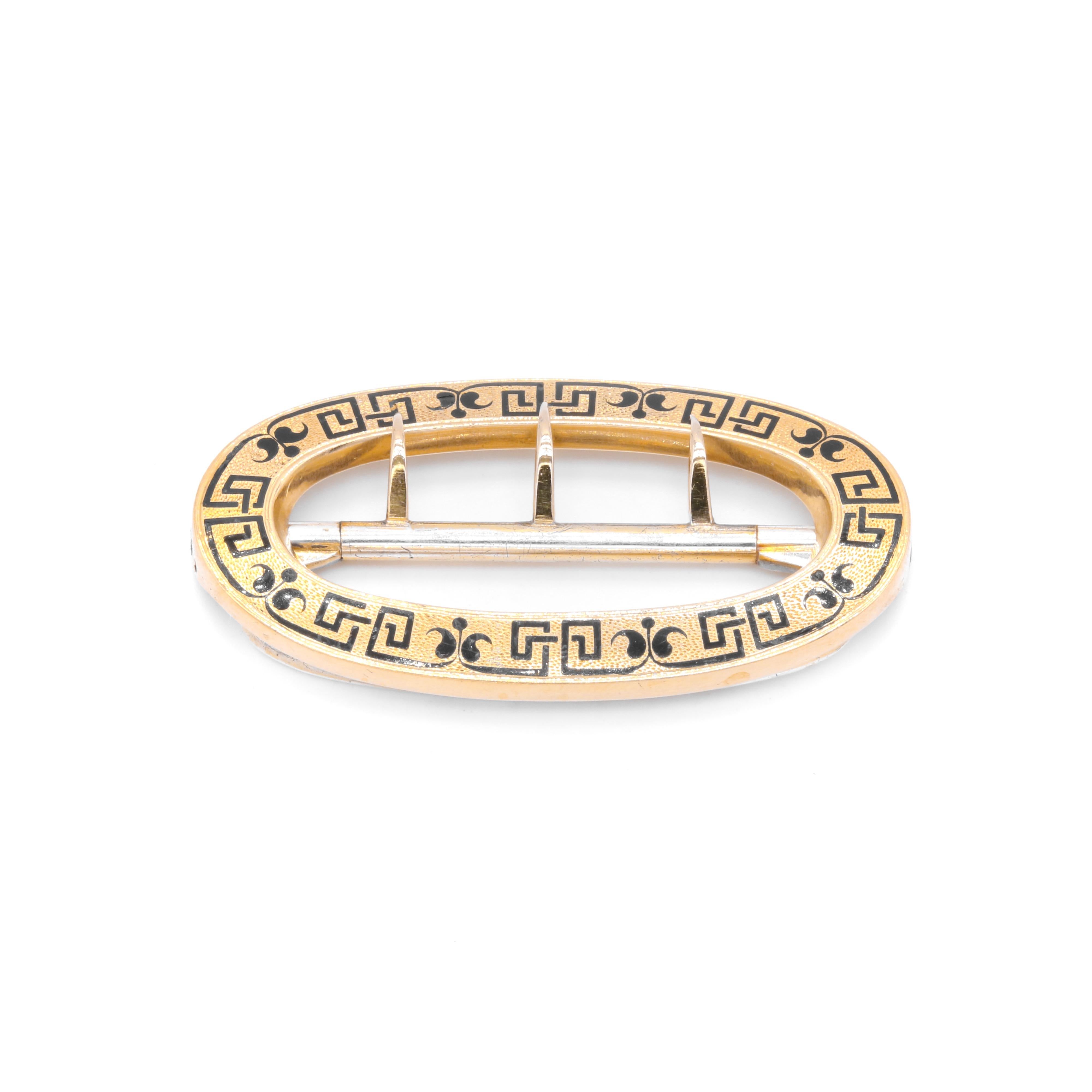 Antique Victorian French 18K Yellow Gold & Silver Black Enamel Oval Belt Buckle For Sale 1