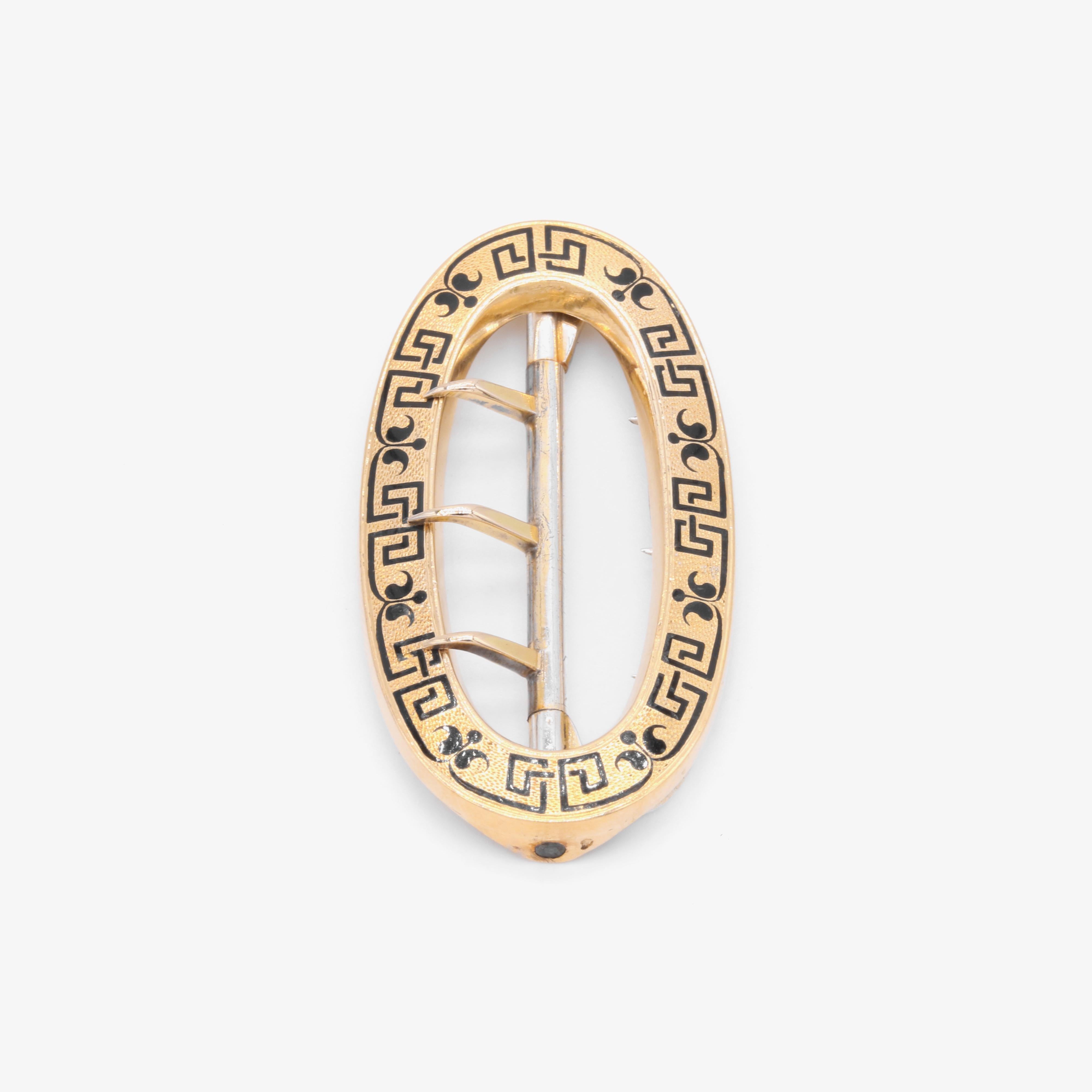 Antique Victorian French 18K Yellow Gold & Silver Black Enamel Oval Belt Buckle For Sale 2