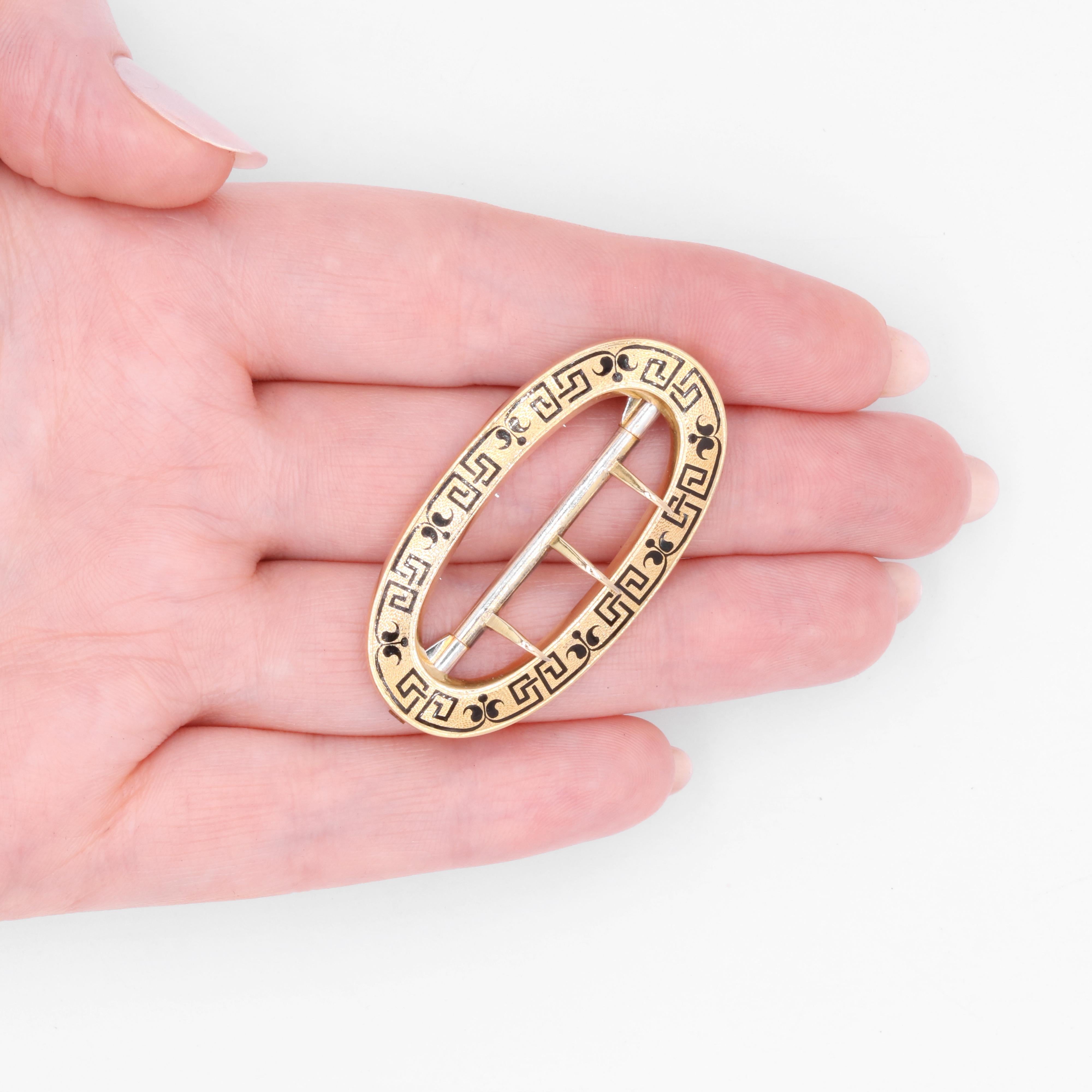 Antique Victorian French 18K Yellow Gold & Silver Black Enamel Oval Belt Buckle For Sale 5