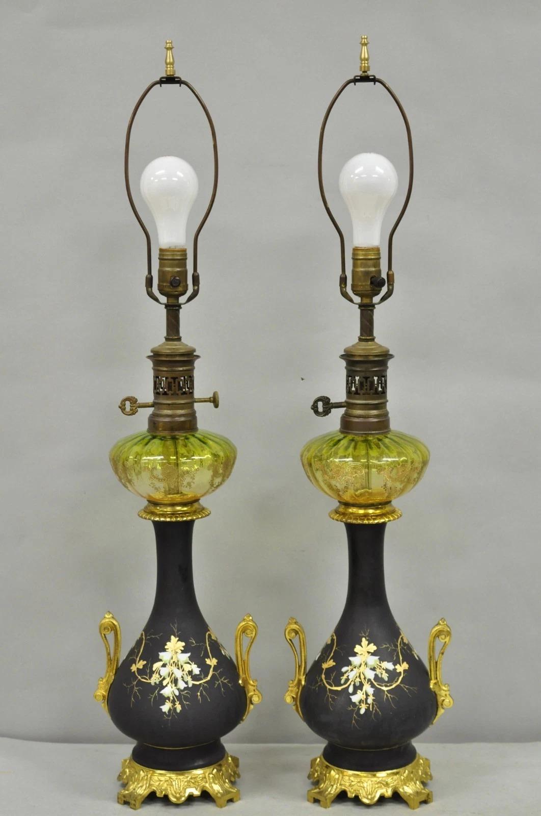 Antique Victorian French Black Porcelain Bronze Ormolu Oil Lamp Table Lamps Pair For Sale 7