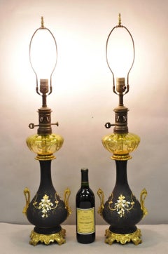 Antique Victorian French Black Porcelain Bronze Ormolu Oil Lamp Table Lamps Pair