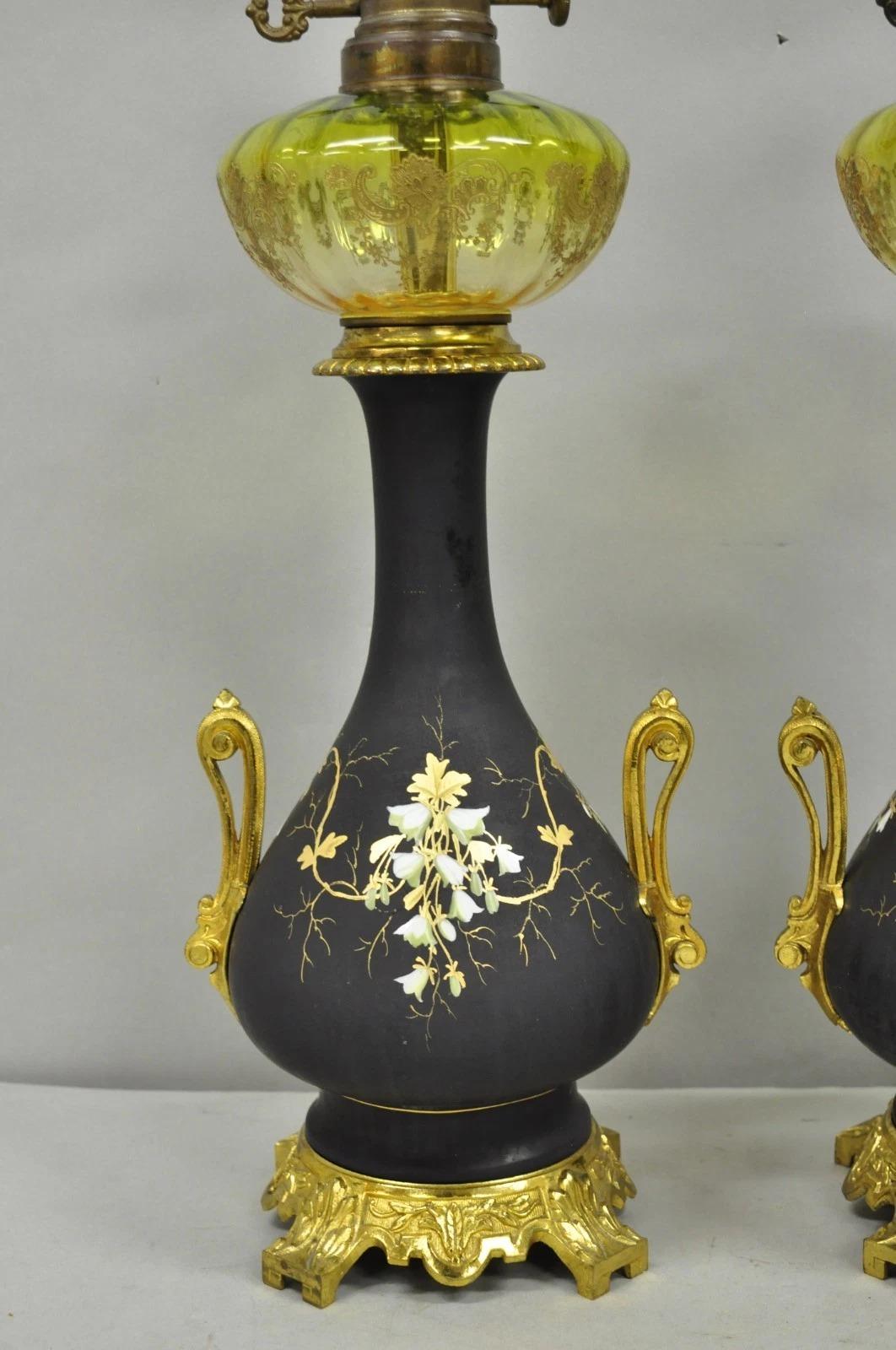 Unknown Antique Victorian French Black Porcelain Bronze Ormolu Oil Lamp Table Lamps Pair For Sale