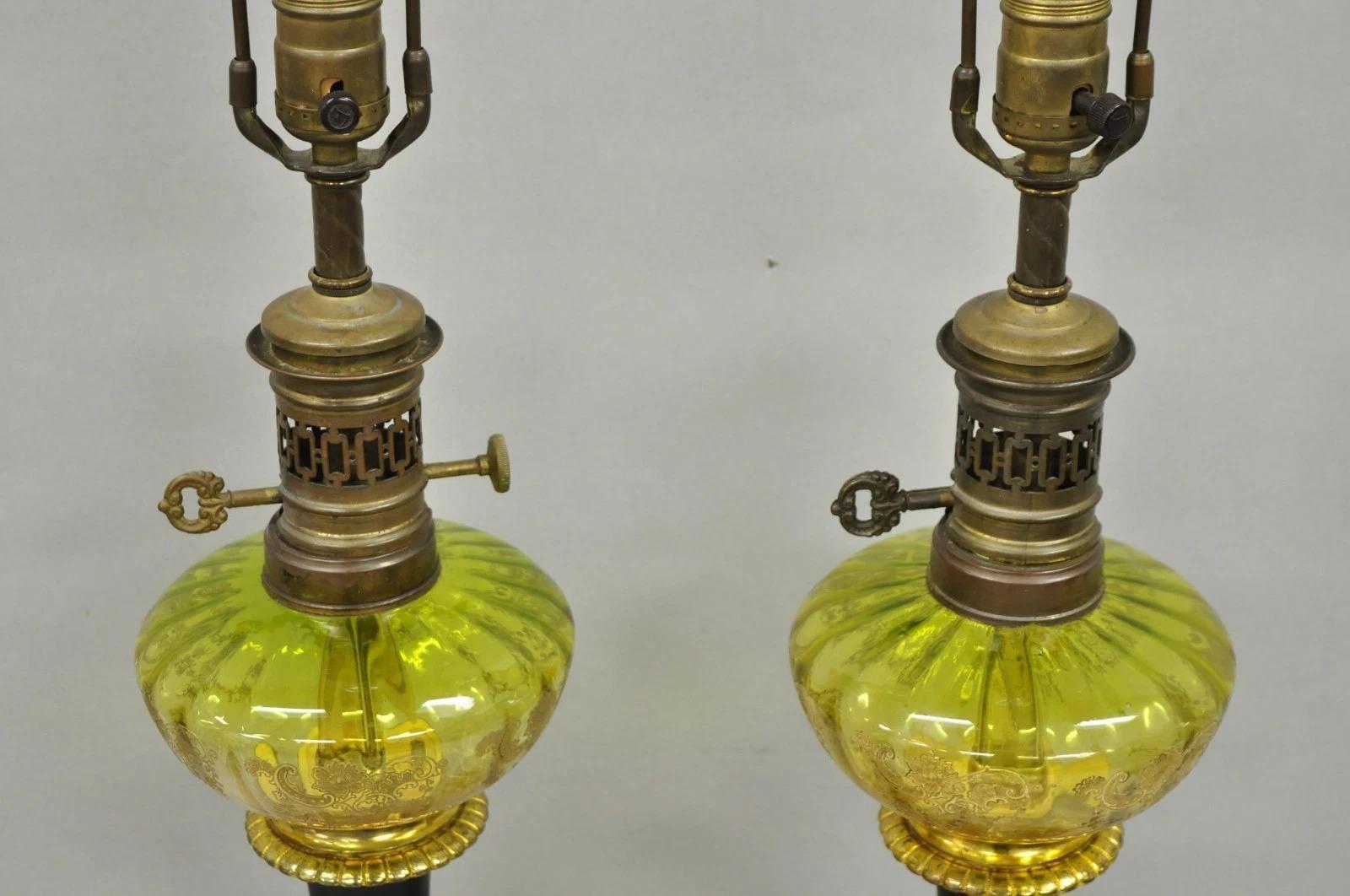 Antique Victorian French Black Porcelain Bronze Ormolu Oil Lamp Table Lamps Pair For Sale 1