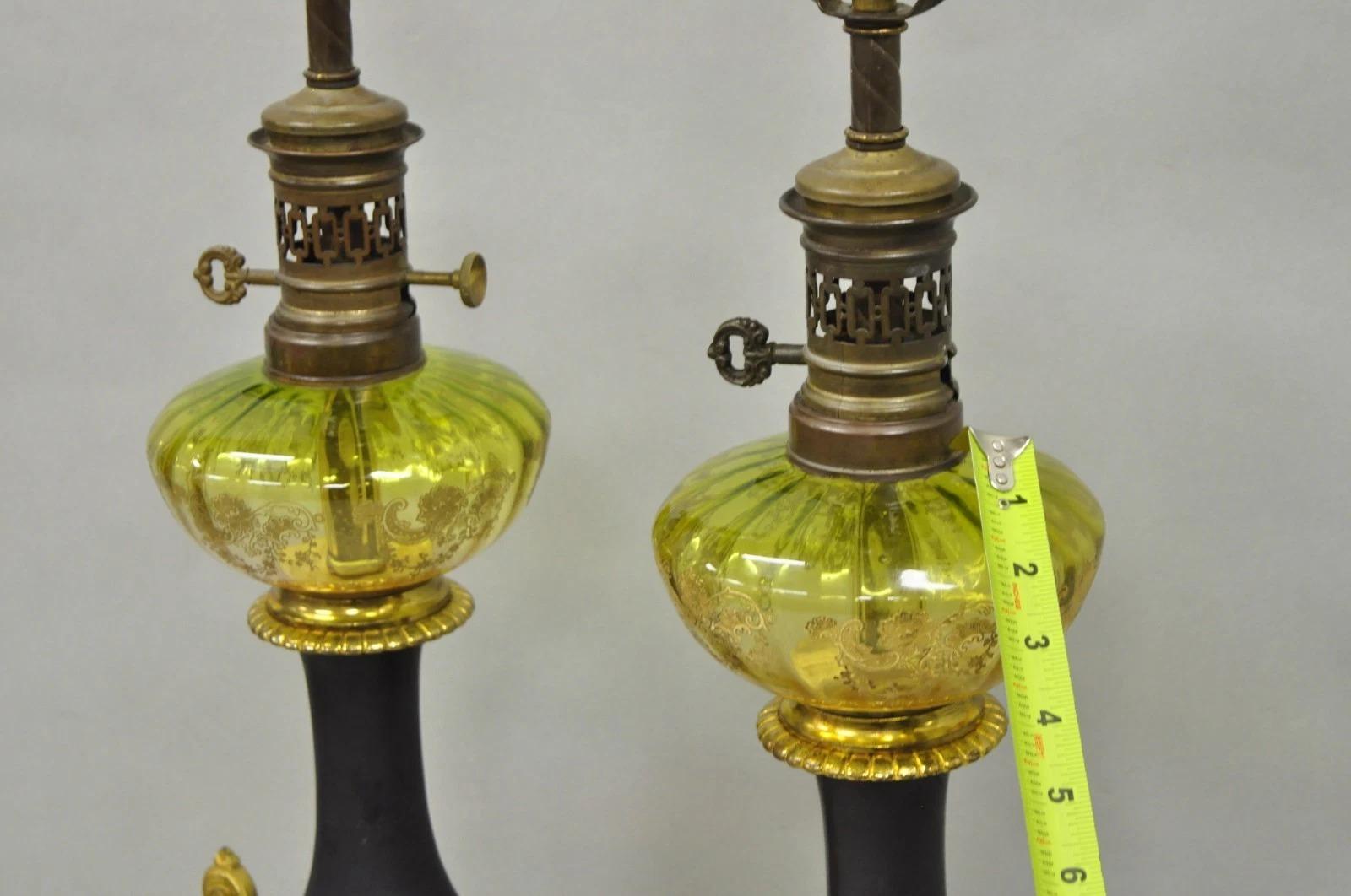 Antique Victorian French Black Porcelain Bronze Ormolu Oil Lamp Table Lamps Pair For Sale 2