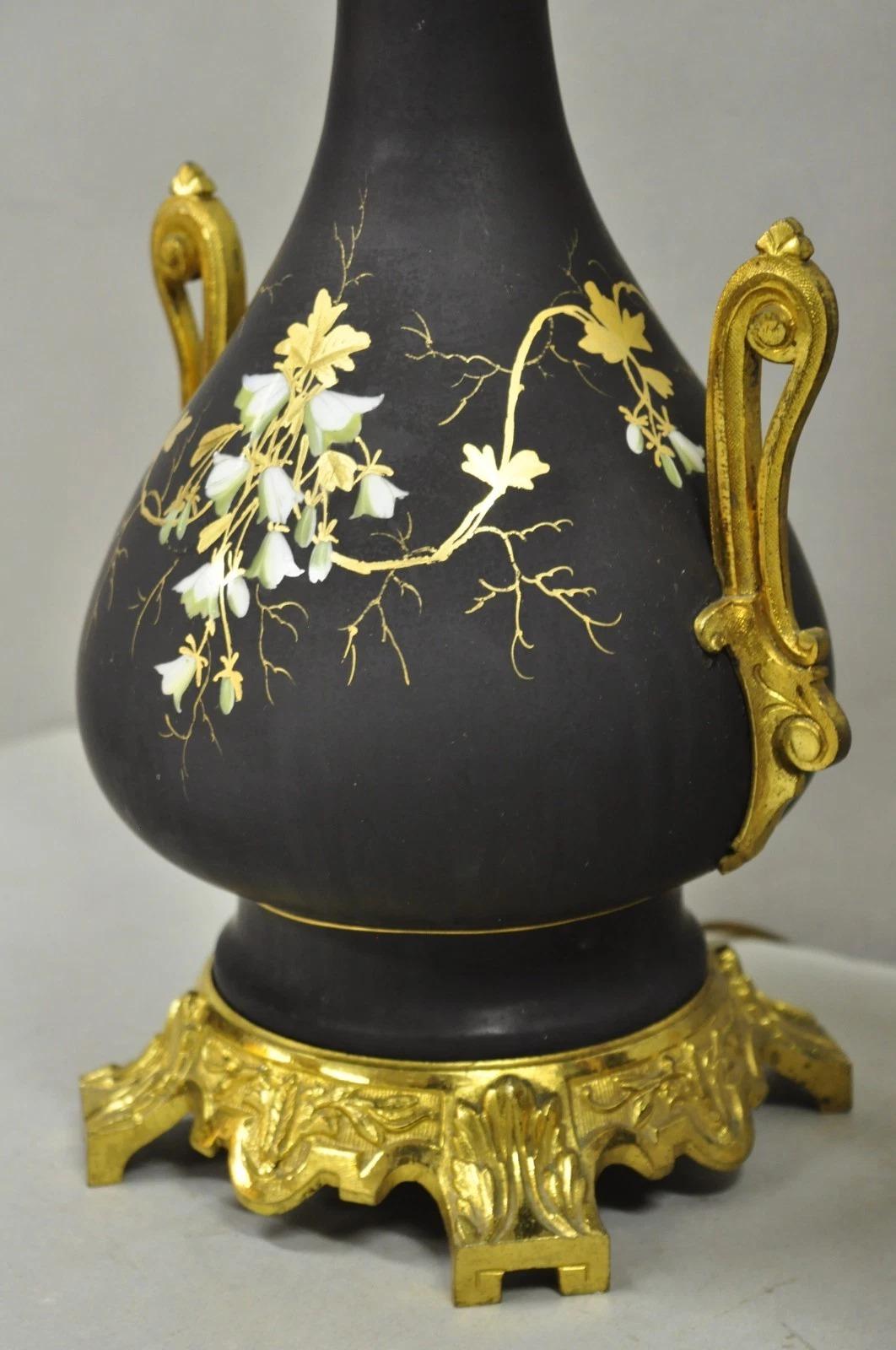 Antique Victorian French Black Porcelain Bronze Ormolu Oil Lamp Table Lamps Pair For Sale 3