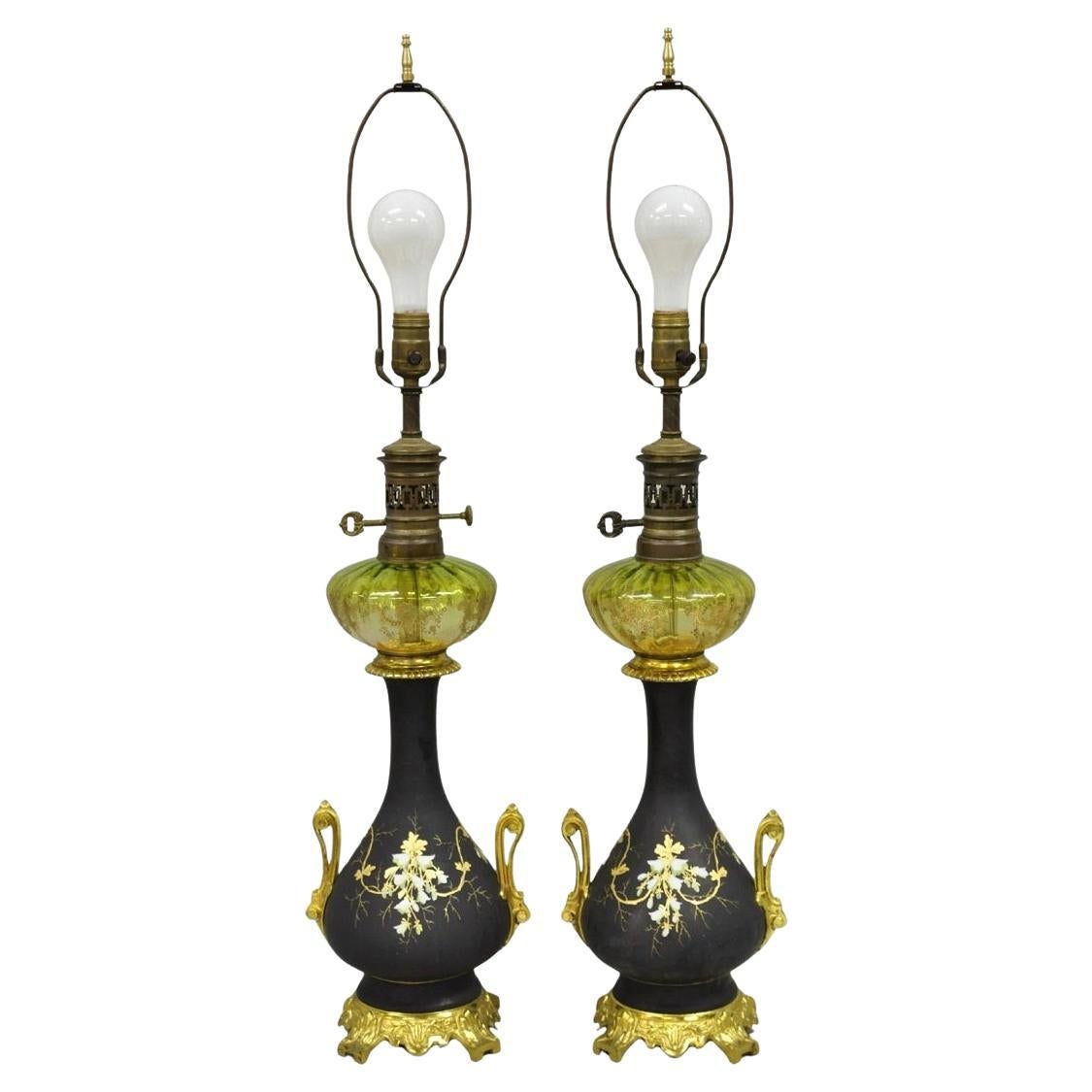 Antique Victorian French Black Porcelain Bronze Ormolu Oil Lamp Table Lamps Pair For Sale