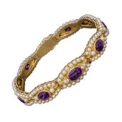 Antique Victorian French Bracelet Amethyst Diamond Pearl 18ct Gold, circa 1900