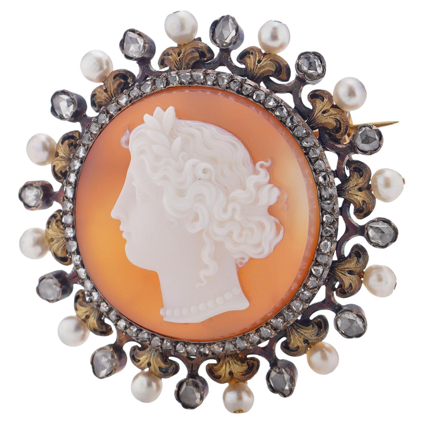 Antique Victorian French Carnelian Cameo with Classical Woman Profile Brooch For Sale