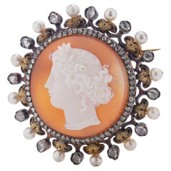 Antique Victorian French Carnelian Cameo with Classical Woman Profile Brooch
