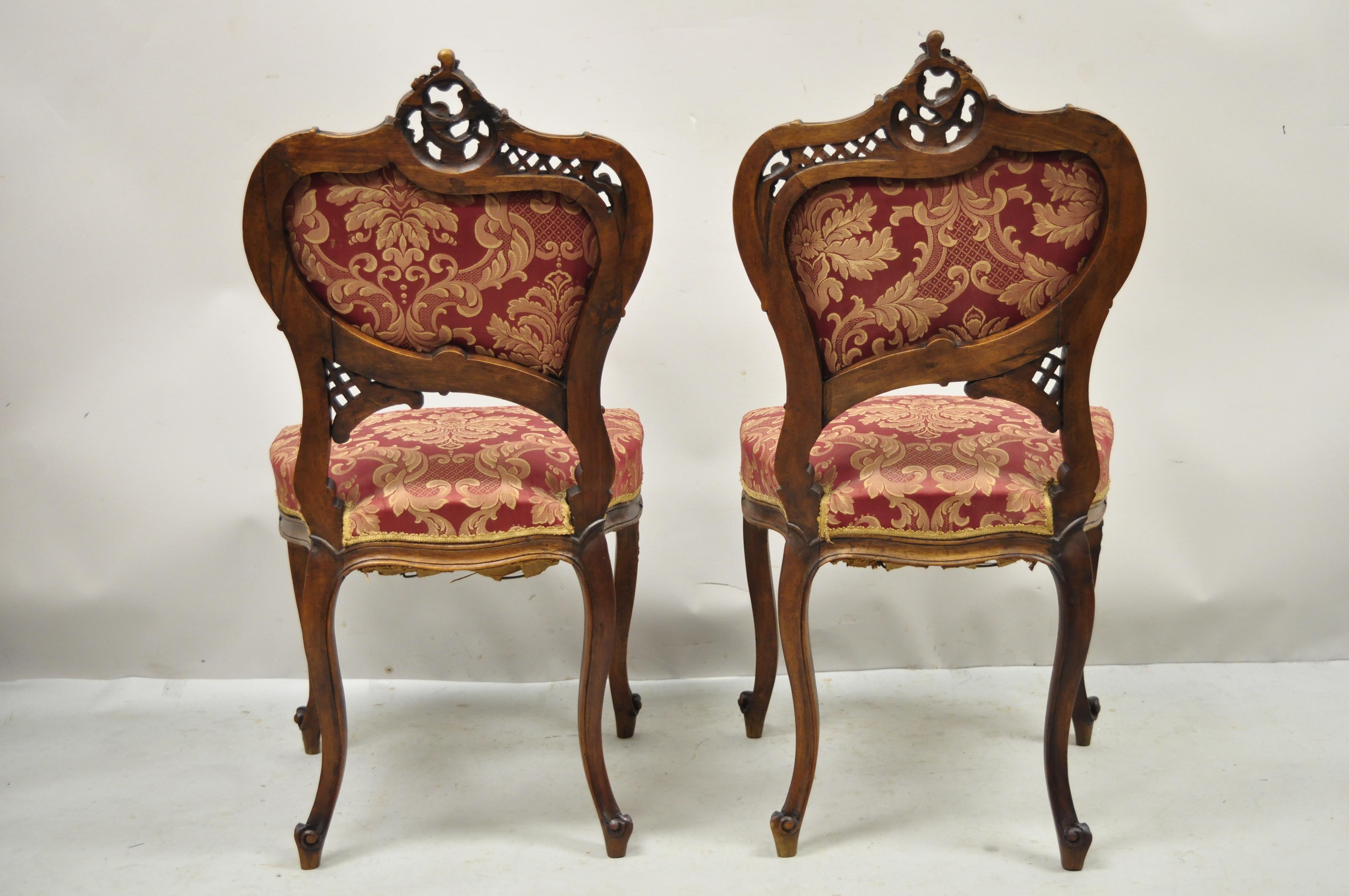 Antique Victorian French Carved Mahogany Parlor Accent Side Chairs, a Pair 3