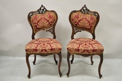 Antique Victorian French Carved Mahogany Parlor Accent Side Chairs, a Pair