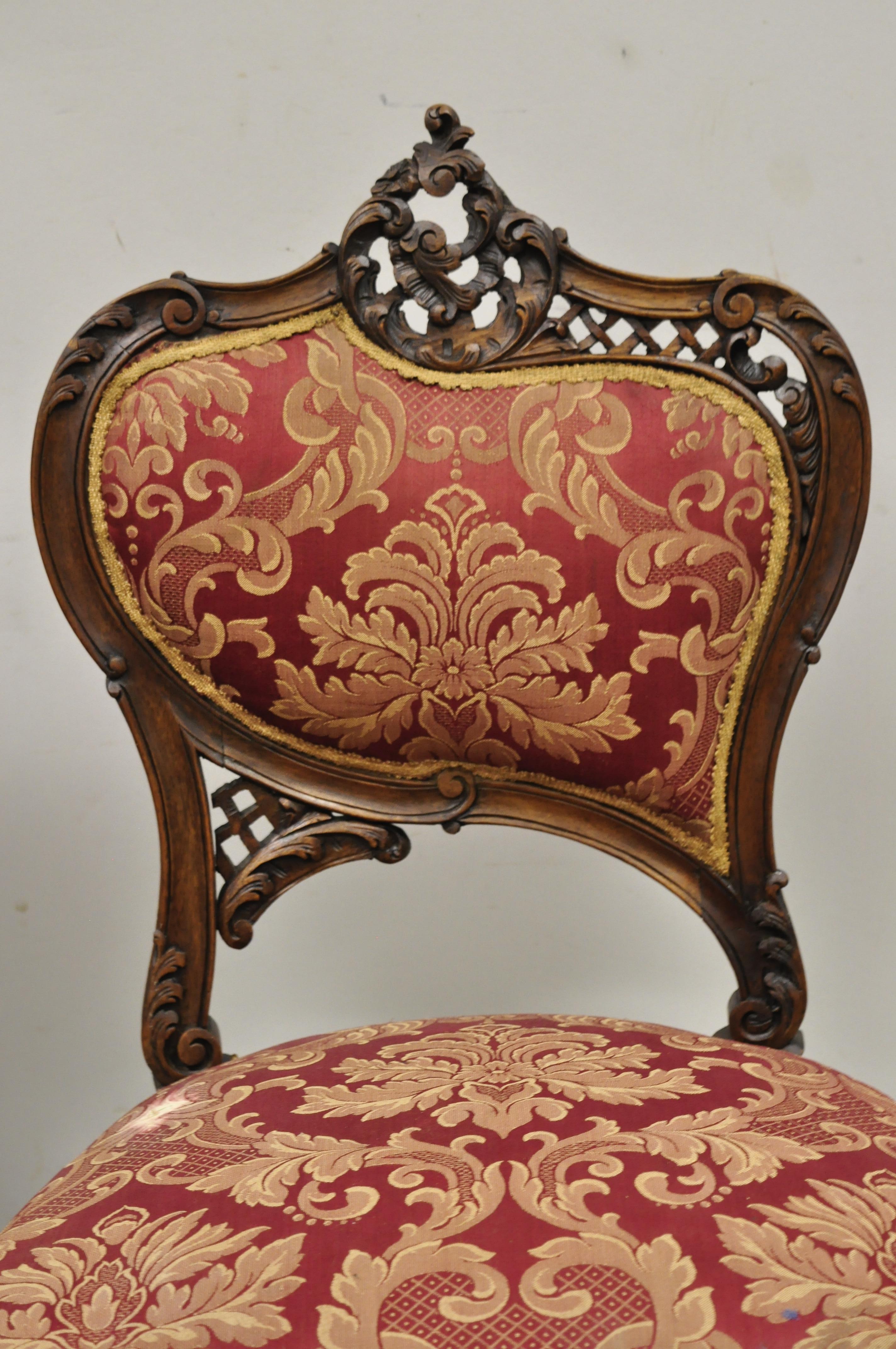 Antique Victorian French Carved Mahogany Parlor Accent Side Chairs, a Pair In Good Condition In Philadelphia, PA