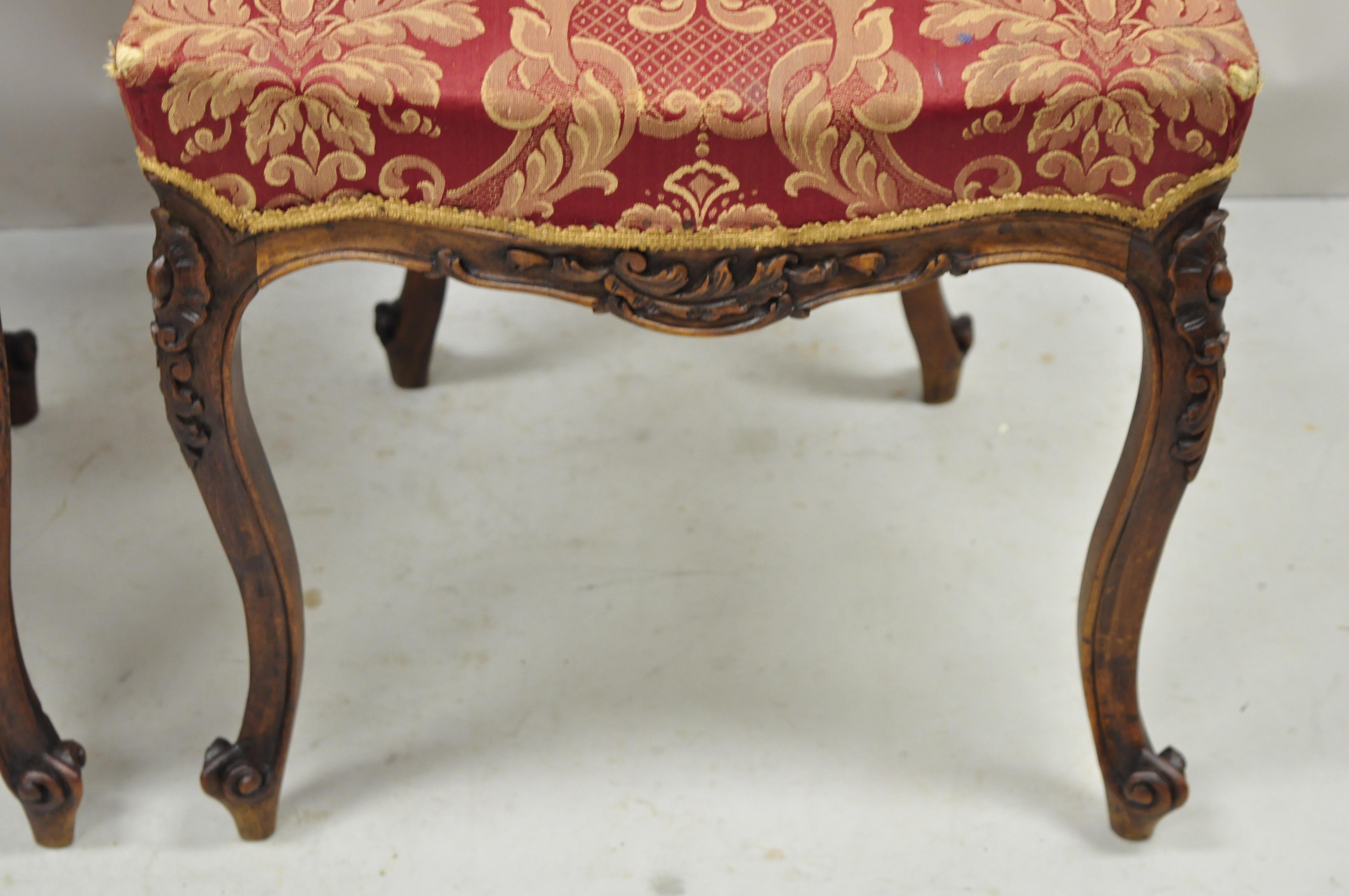 20th Century Antique Victorian French Carved Mahogany Parlor Accent Side Chairs, a Pair