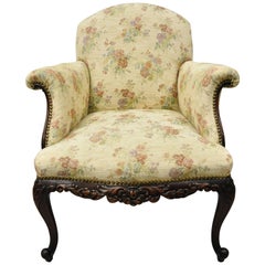 Antique Victorian French Carved Mahogany Upholstered Bergère Lounge Armchair