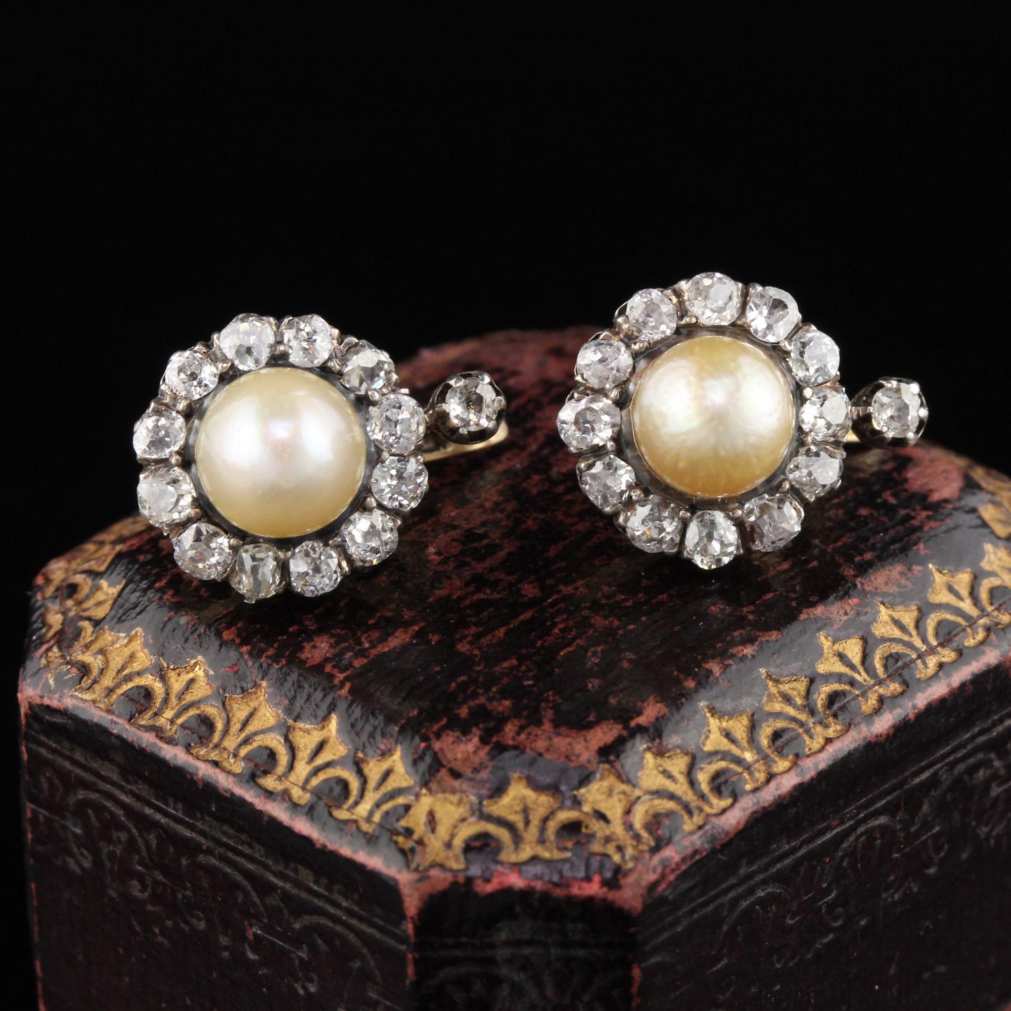 Gorgeous, classic Victorian French natural pearl & diamond cluster earrings that sit perfectly on the ear.

#E0003

Metal: Yellow gold & Platinum Top

Origin: French (Hallmarked)

Weight: 4.7 Grams 

Diamonds: Approximately 0.75 cts

Pearls: GIA