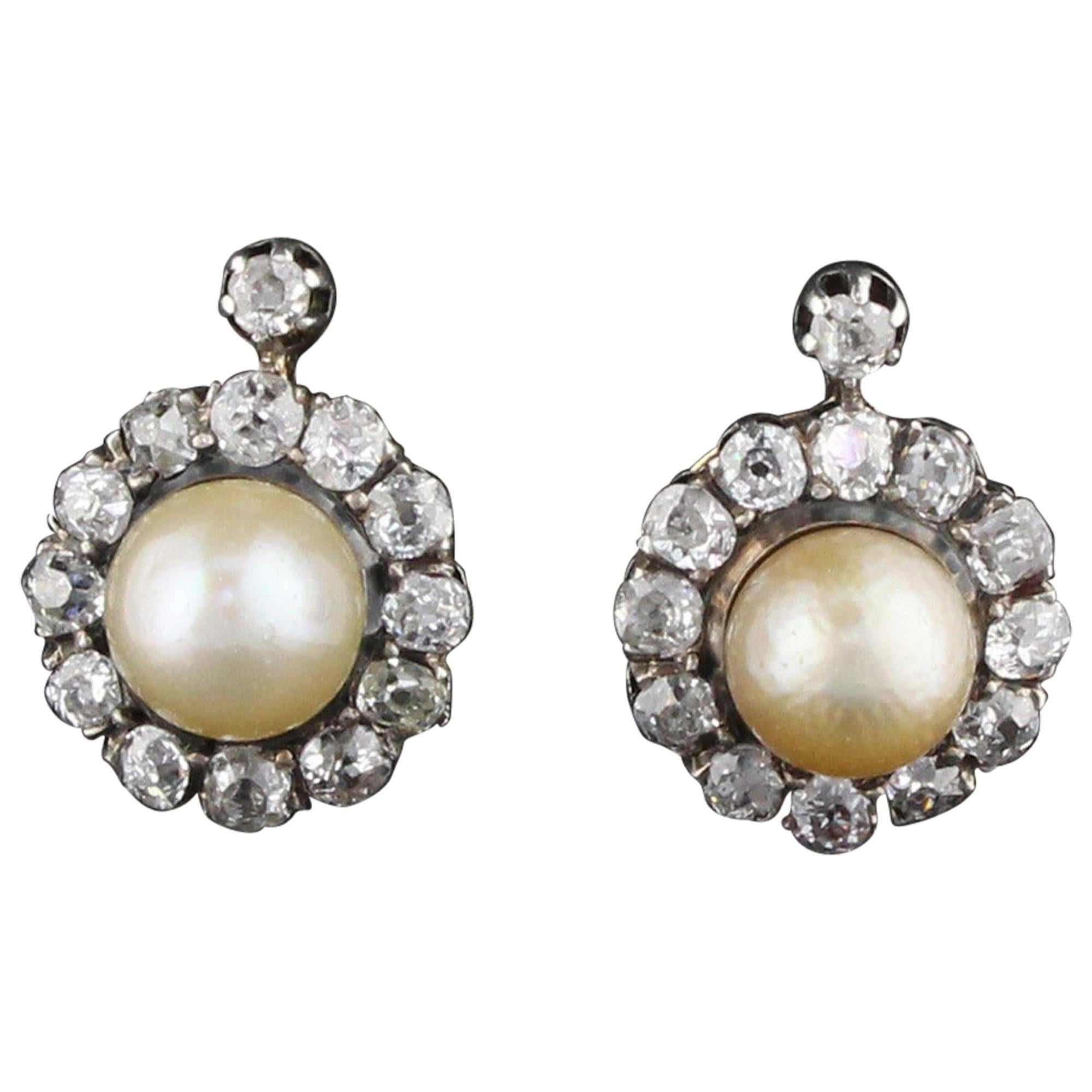 Antique Victorian French Diamond and Natural Pearl Cluster Earrings GIA