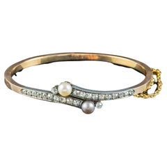 Antique Victorian French Diamond Pearl Toi Et Moi Twist Bangle 18ct Gold