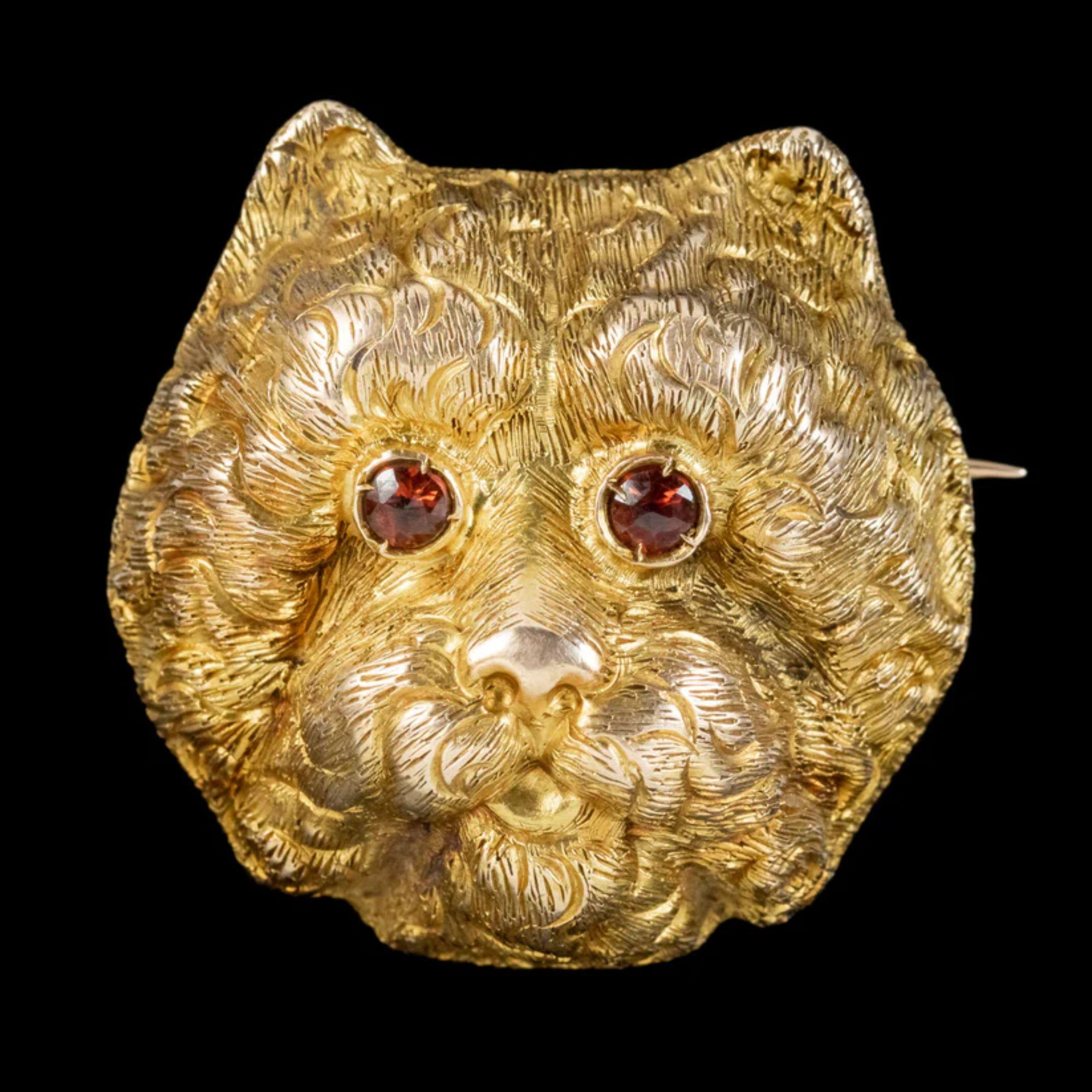 A wonderful antique French brooch from the late 19th century, depicting the face of an adorable, curly haired dog with two red, rose cut garnet eyes (approx. 0.15ct each).

It’s fashioned entirely in 18ct gold and displays exquisite, chased