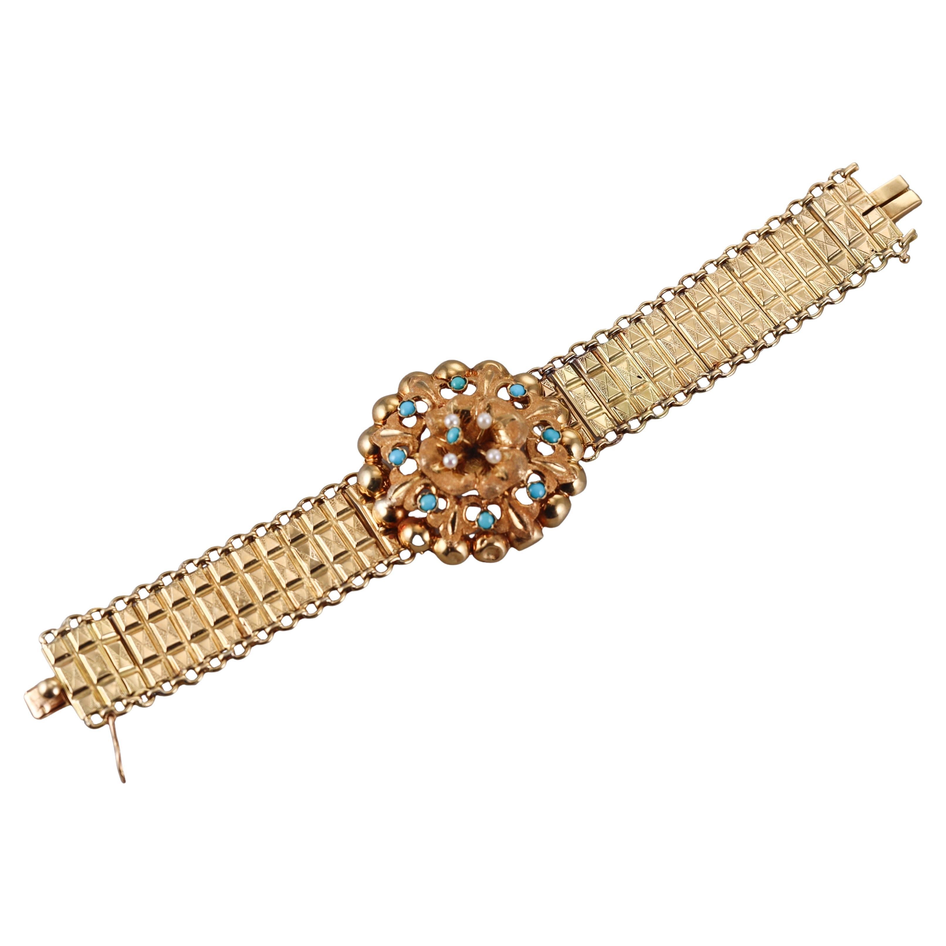Antique Victorian French Gold Turquoise Pearl Bracelet For Sale