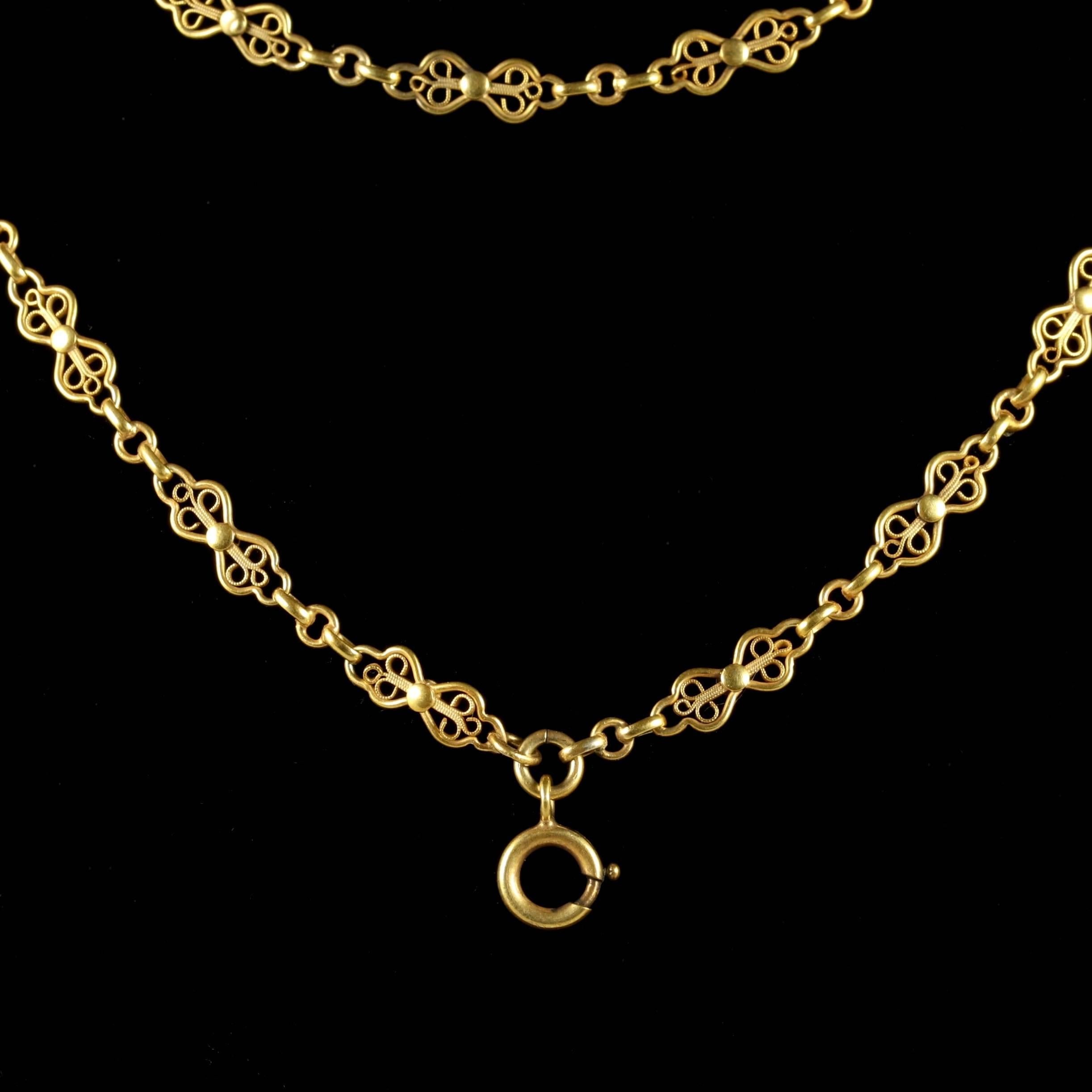 This elegant Victorian French guard chain is set in 18ct Yellow Gold on Silver, Circa 1880.

Each link in adorned in Victorian workmanship all round.

It is steeped in history of it’s time.

The guard chain is a wonderful piece which looks lovely