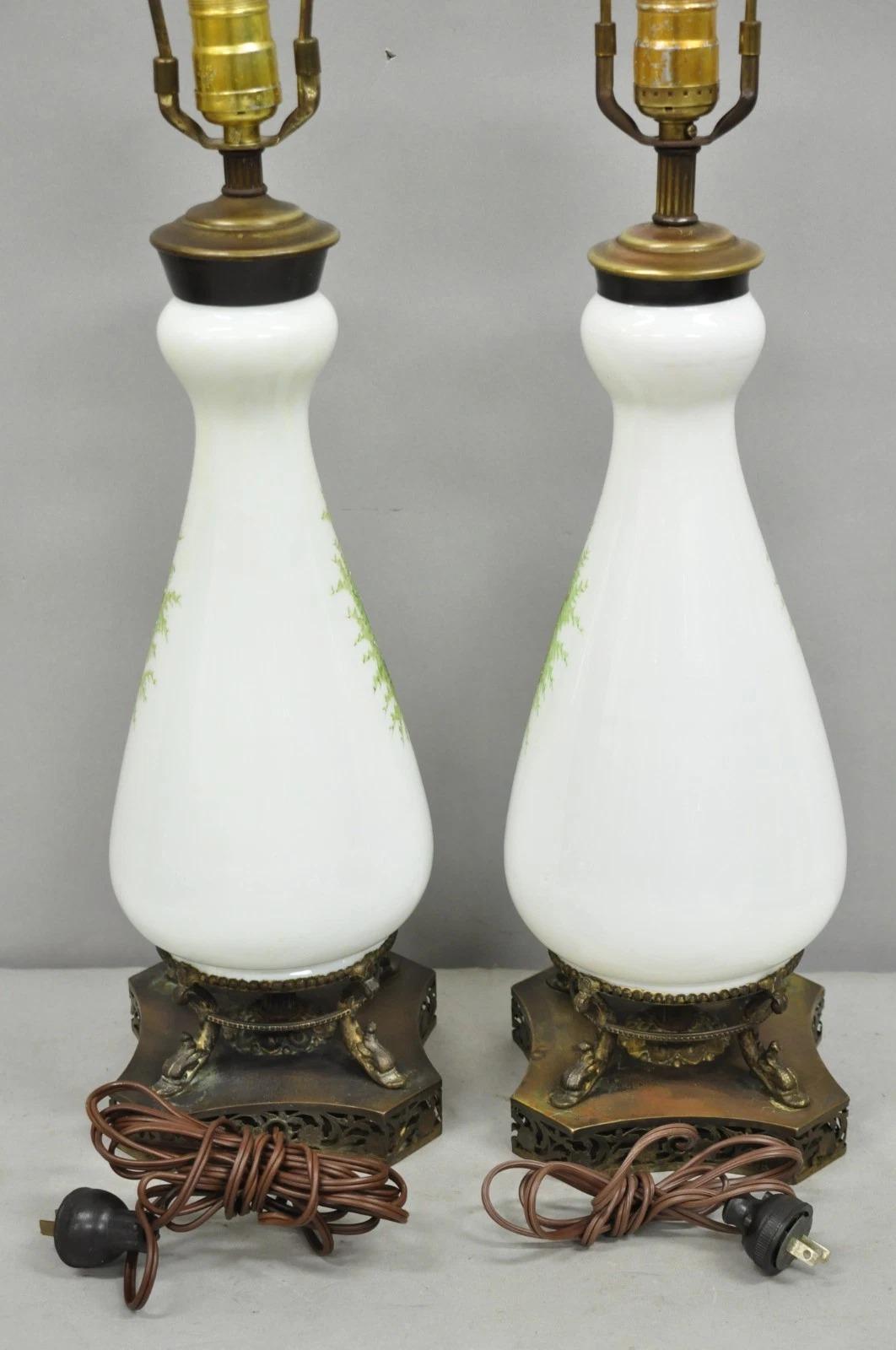 Antique Victorian French Hand Painted Angel and Child Glass Table Lamps - a Pair For Sale 4