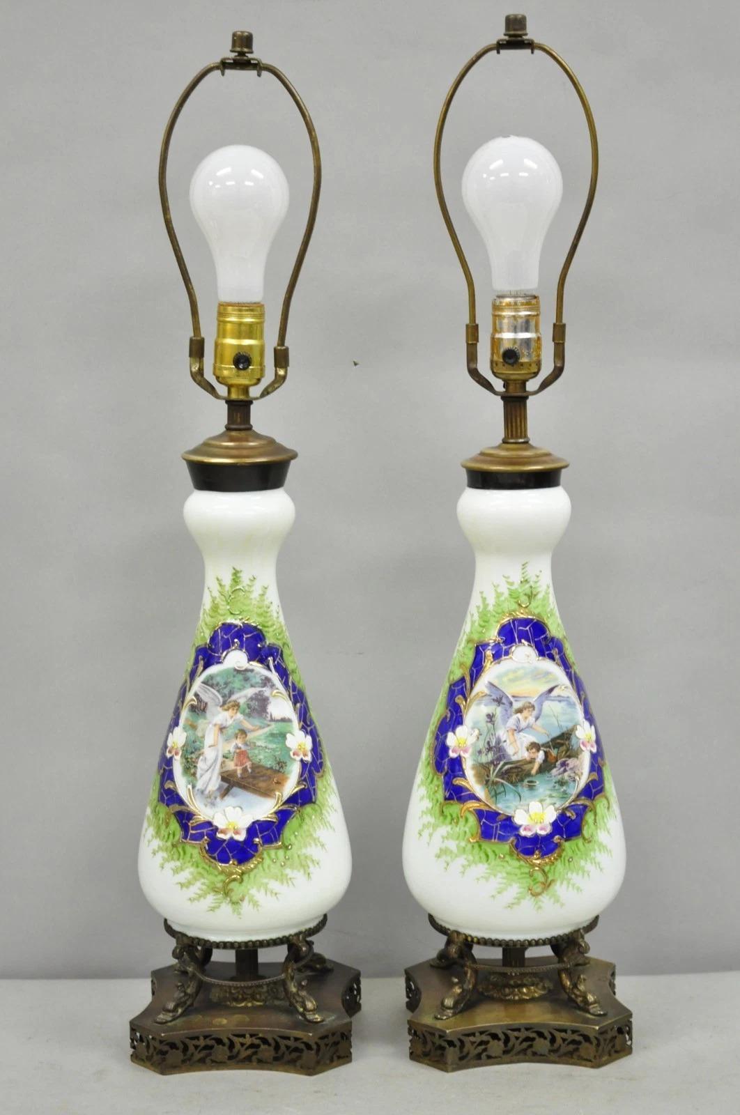 Antique Victorian French Hand Painted Angel and Child Glass Table Lamps - a Pair For Sale 6