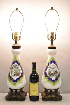 Antique Victorian French Hand Painted Angel and Child Glass Table Lamps - a Pair