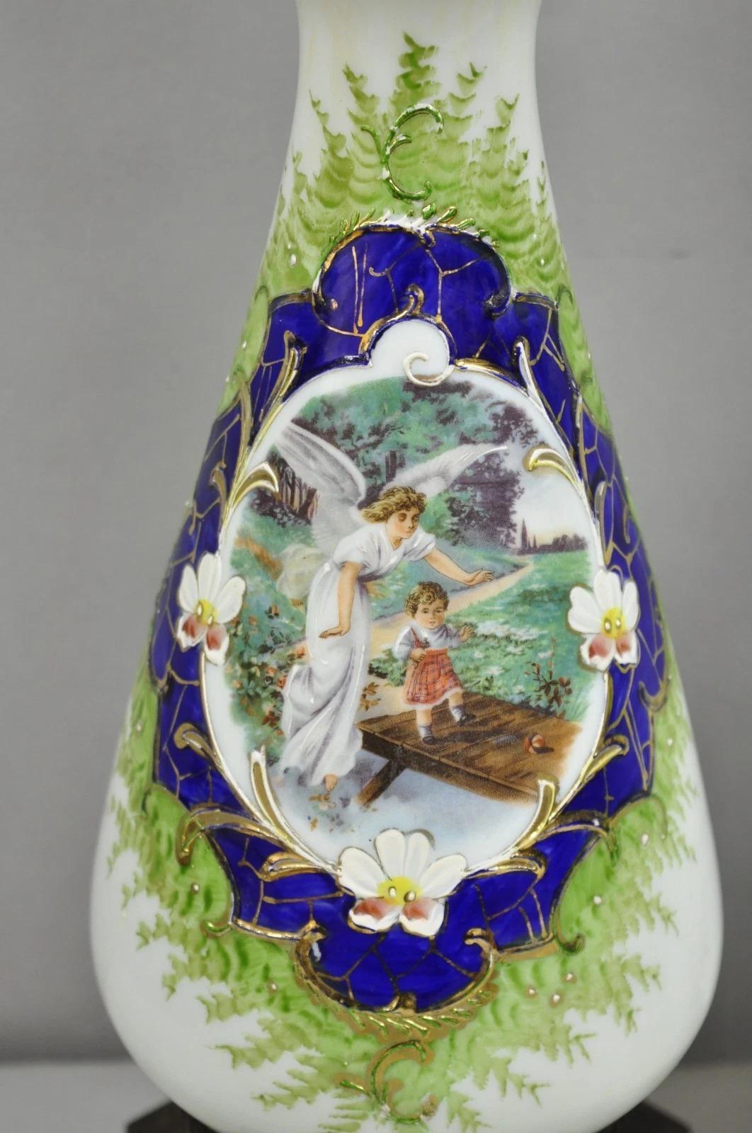 Antique Victorian French Hand Painted Angel and Child Glass Table Lamps - a Pair In Good Condition For Sale In Philadelphia, PA