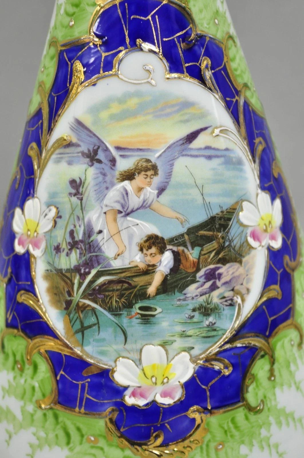 Antique Victorian French Hand Painted Angel and Child Glass Table Lamps - a Pair For Sale 1
