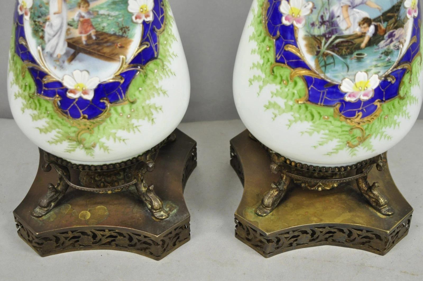 Antique Victorian French Hand Painted Angel and Child Glass Table Lamps - a Pair For Sale 2