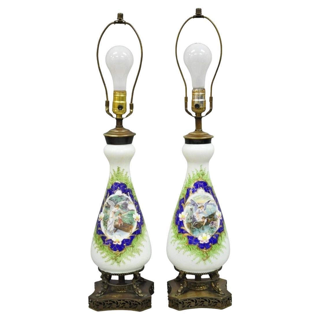 Antique Victorian French Hand Painted Angel and Child Glass Table Lamps - a Pair For Sale