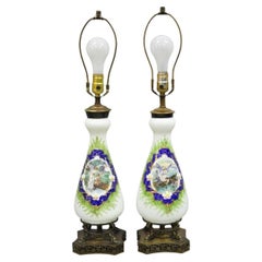 Antique Victorian French Hand Painted Angel and Child Glass Table Lamps - a Pair