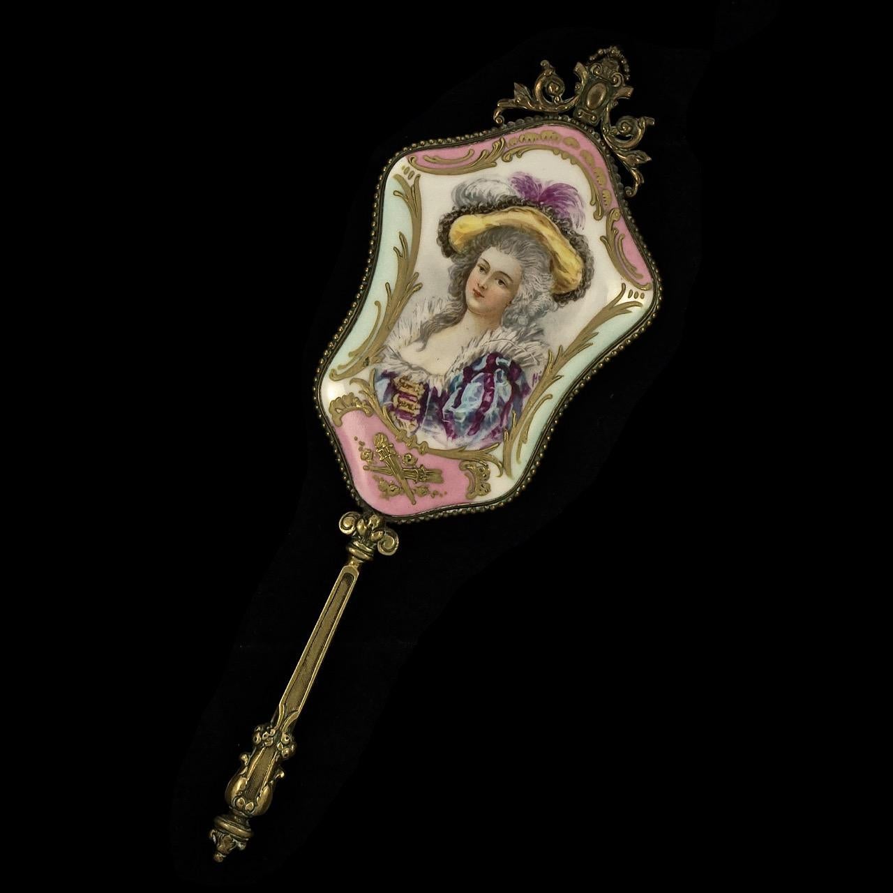 Antique Victorian French Hand Painted Porcelain Gilt Bevelled Edge Hand Mirror For Sale 3