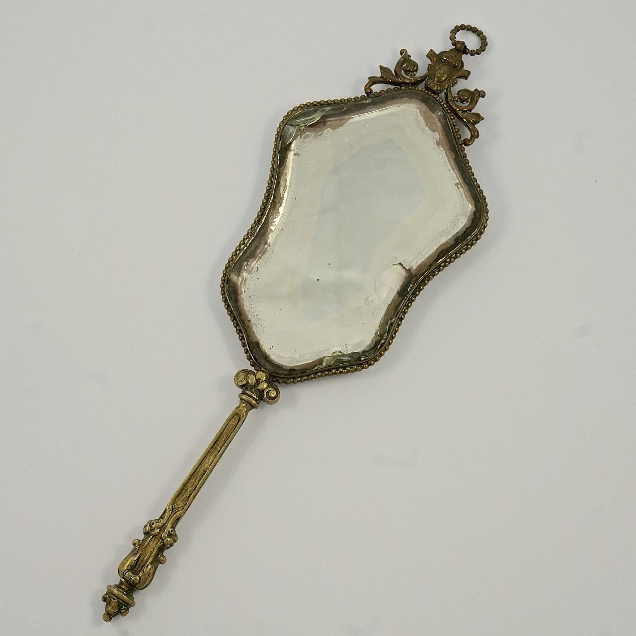 Antique Victorian French Hand Painted Porcelain Gilt Bevelled Edge Hand Mirror In Good Condition For Sale In London, GB