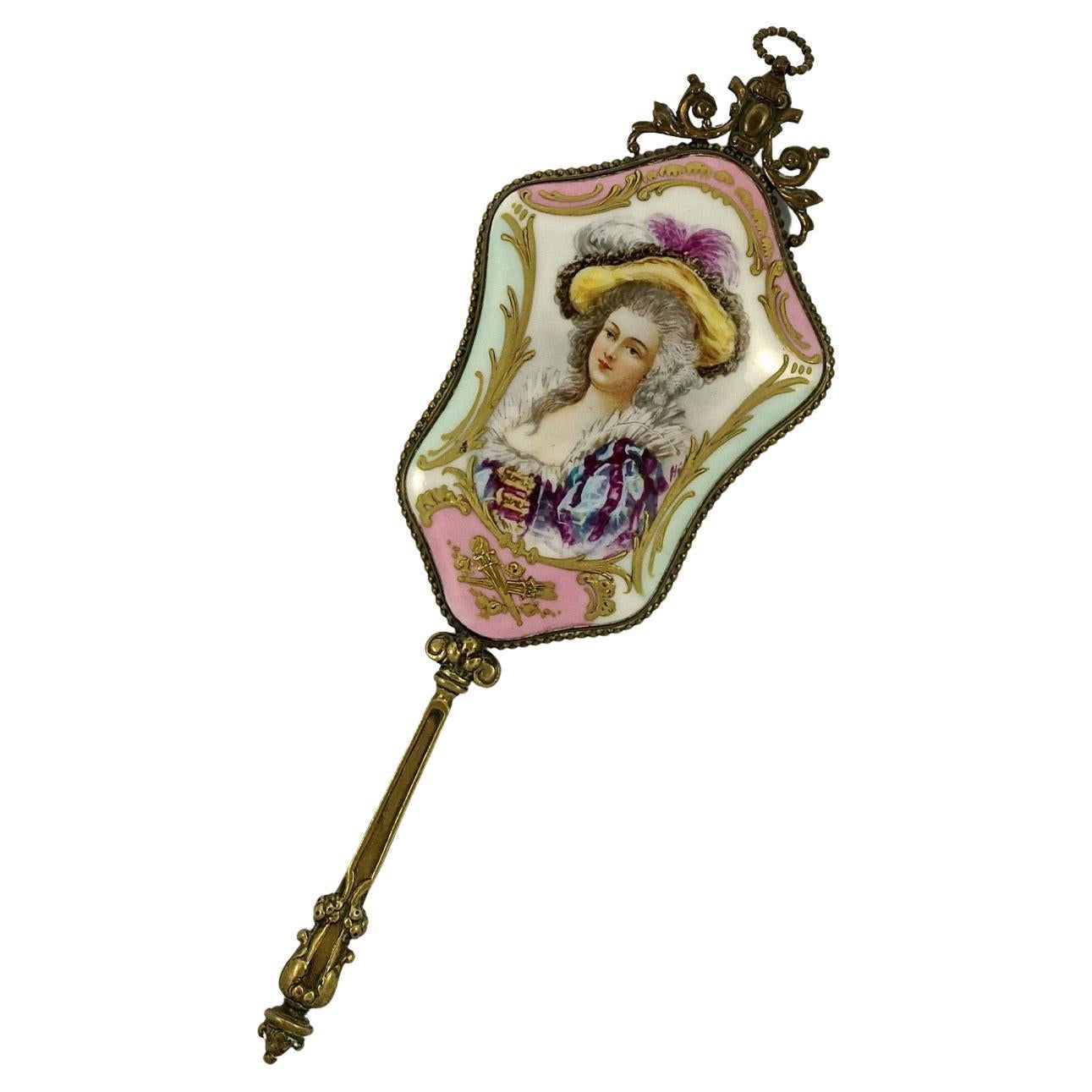 Antique Victorian French Hand Painted Porcelain Gilt Bevelled Edge Hand Mirror For Sale