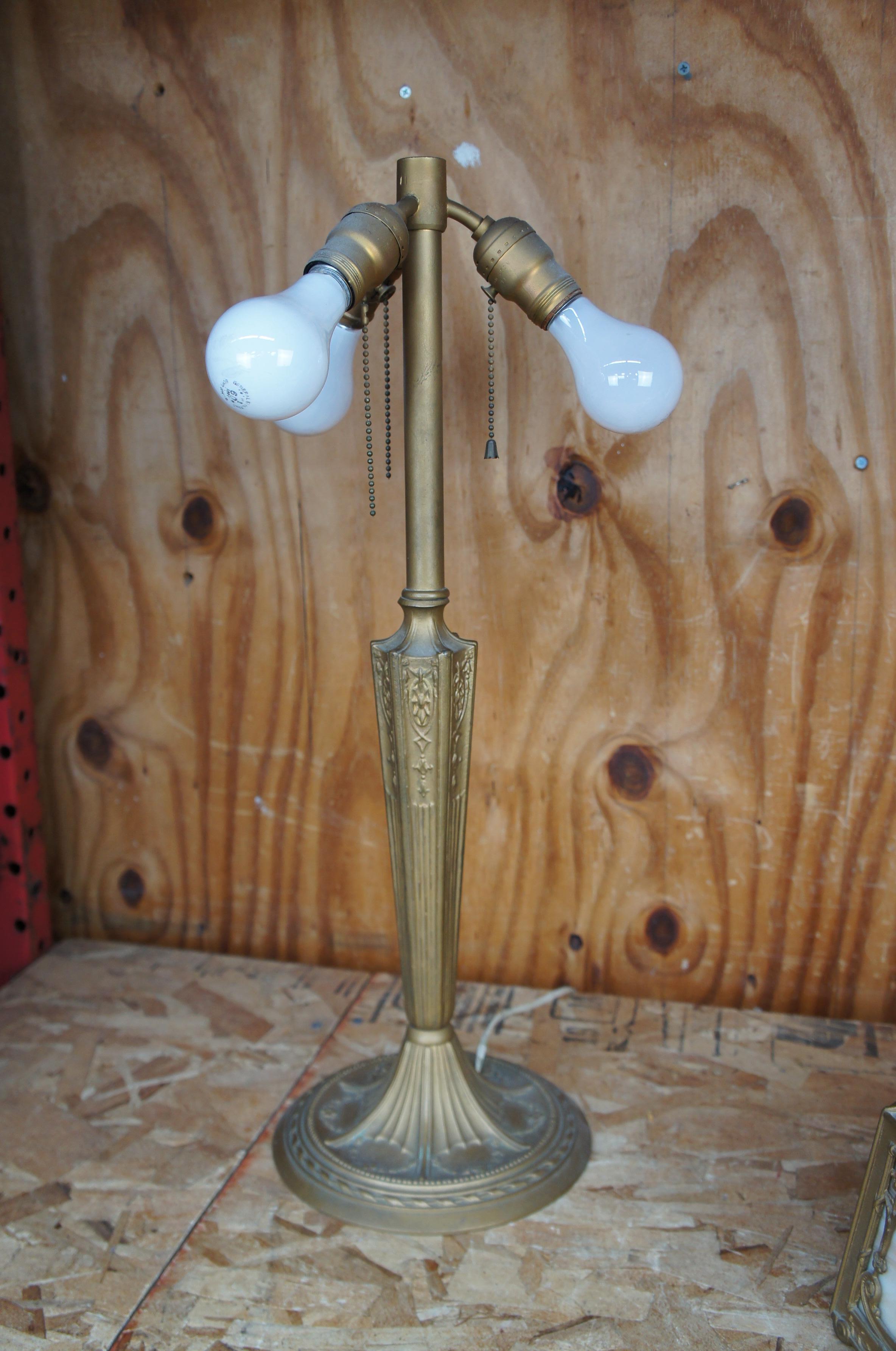 Antique Victorian French Neoclassical Gold 3 Light Slag Glass Cast Iron Lamp 7