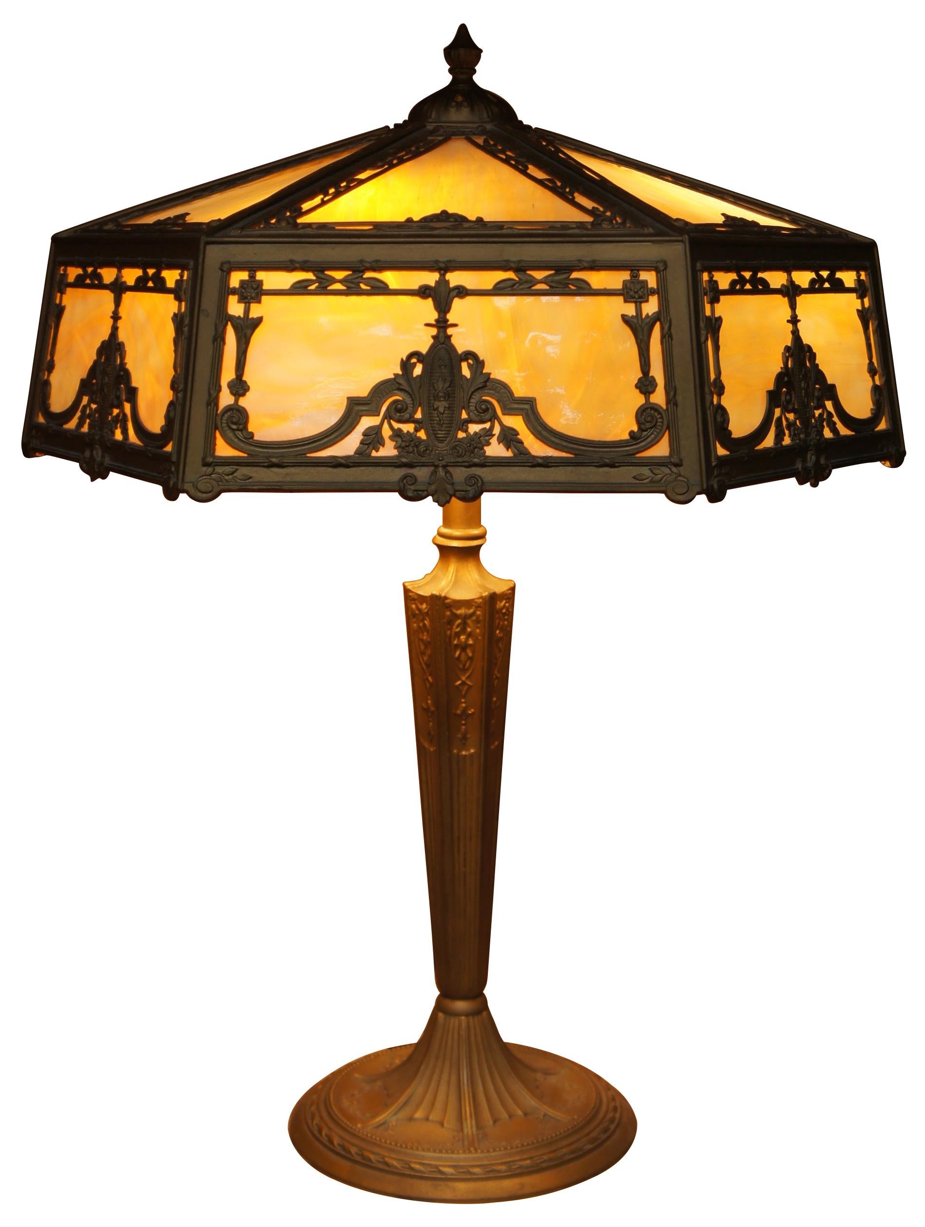 Antique Victorian French Neoclassical Gold 3 Light Slag Glass Cast Iron Lamp In Good Condition In Dayton, OH