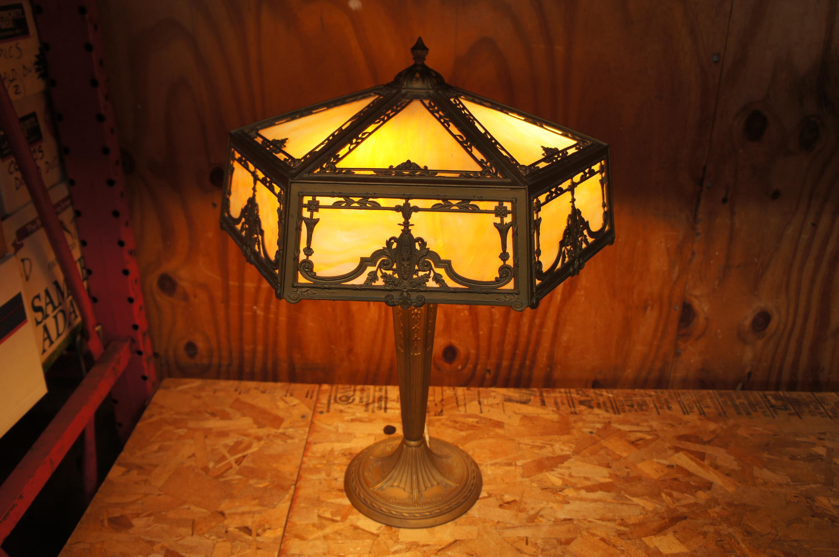 19th Century Antique Victorian French Neoclassical Gold 3 Light Slag Glass Cast Iron Lamp
