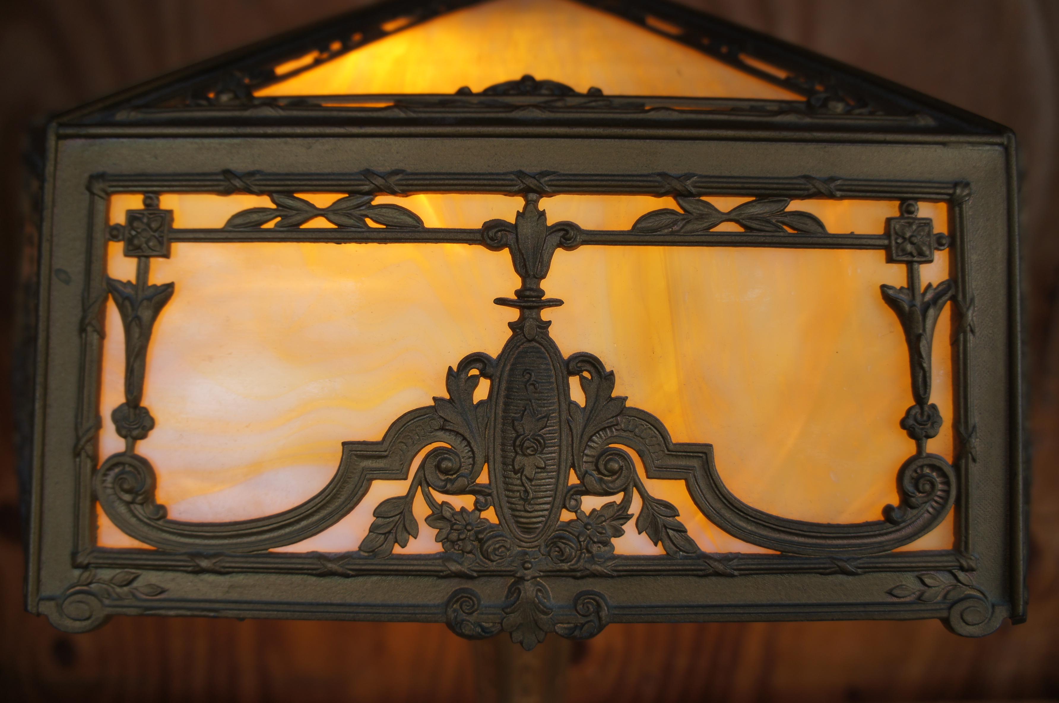 Antique Victorian French Neoclassical Gold 3 Light Slag Glass Cast Iron Lamp 3