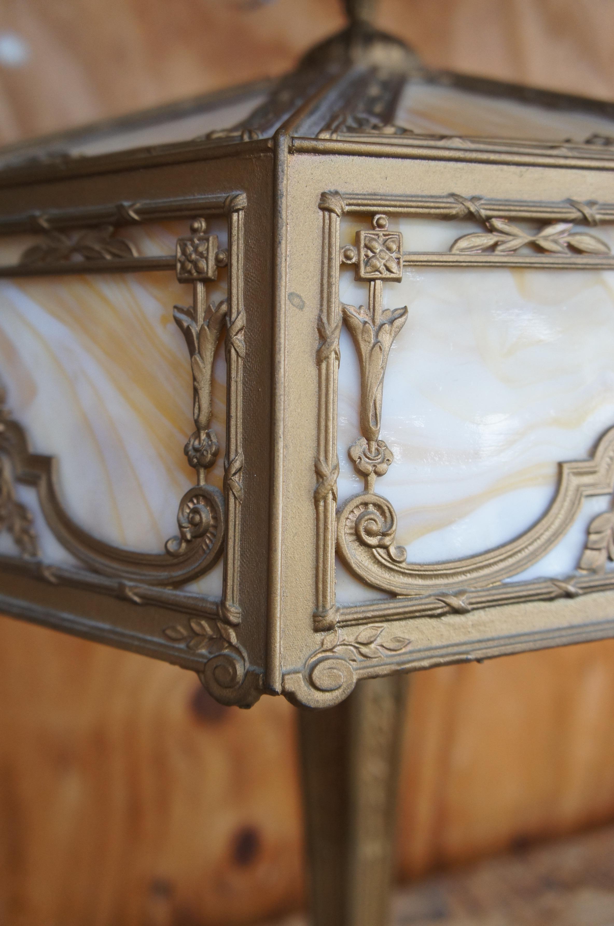 Antique Victorian French Neoclassical Gold 3 Light Slag Glass Cast Iron Lamp 5