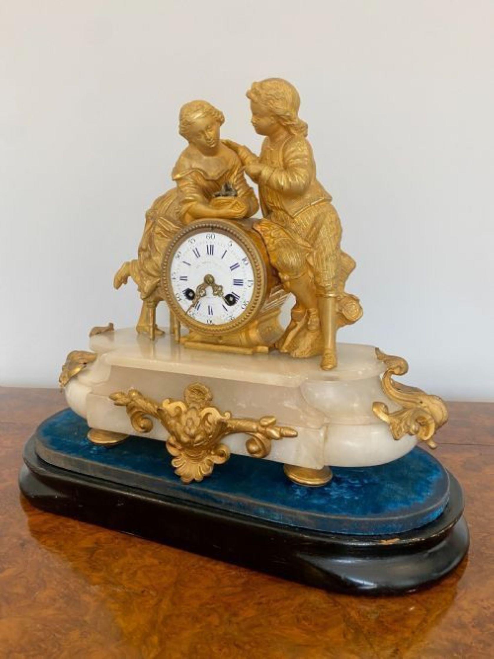 Antique Victorian French Ornate Ormolu And Alabaster Mantle Clock In Good Condition For Sale In Ipswich, GB