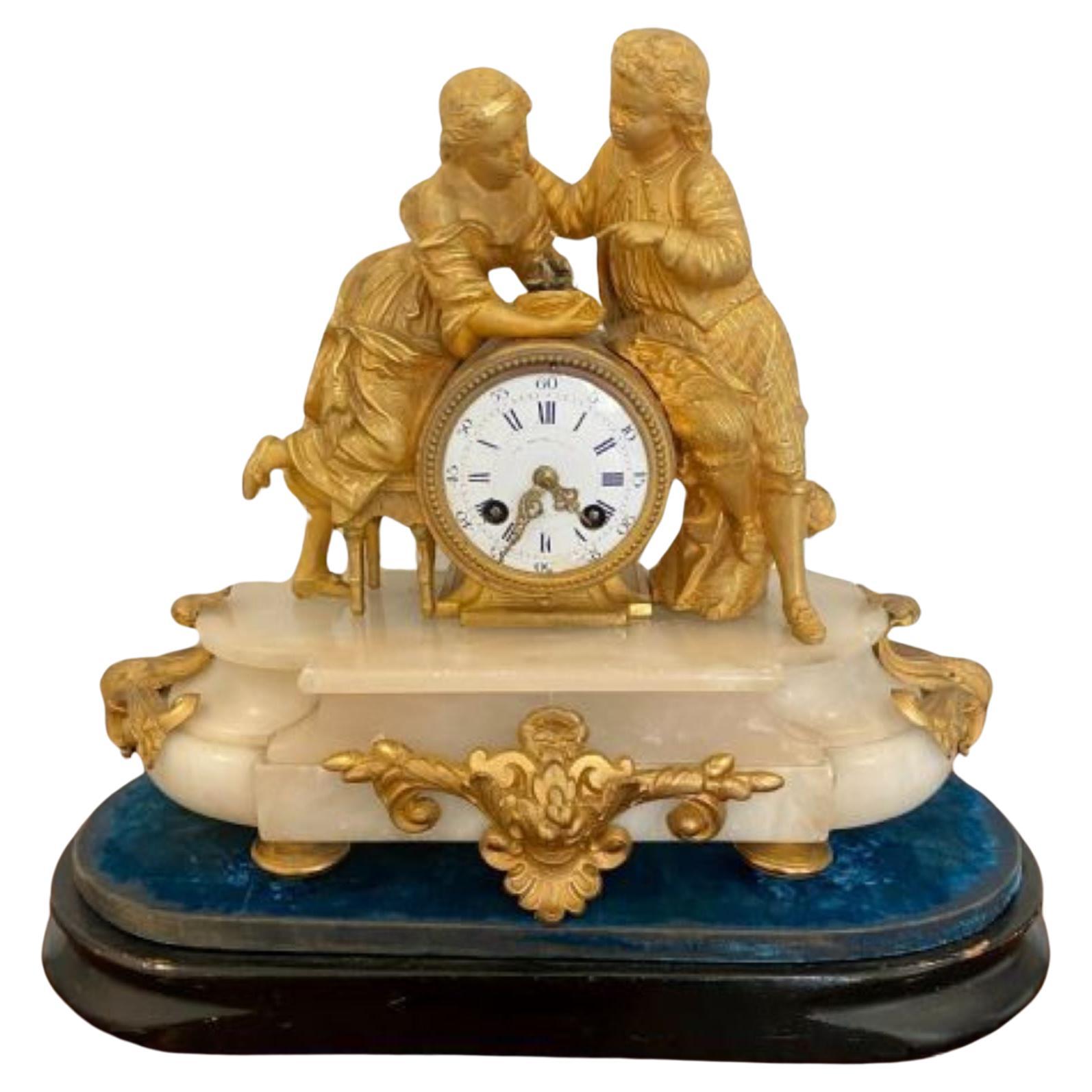 Antique Victorian French Ornate Ormolu And Alabaster Mantle Clock For Sale