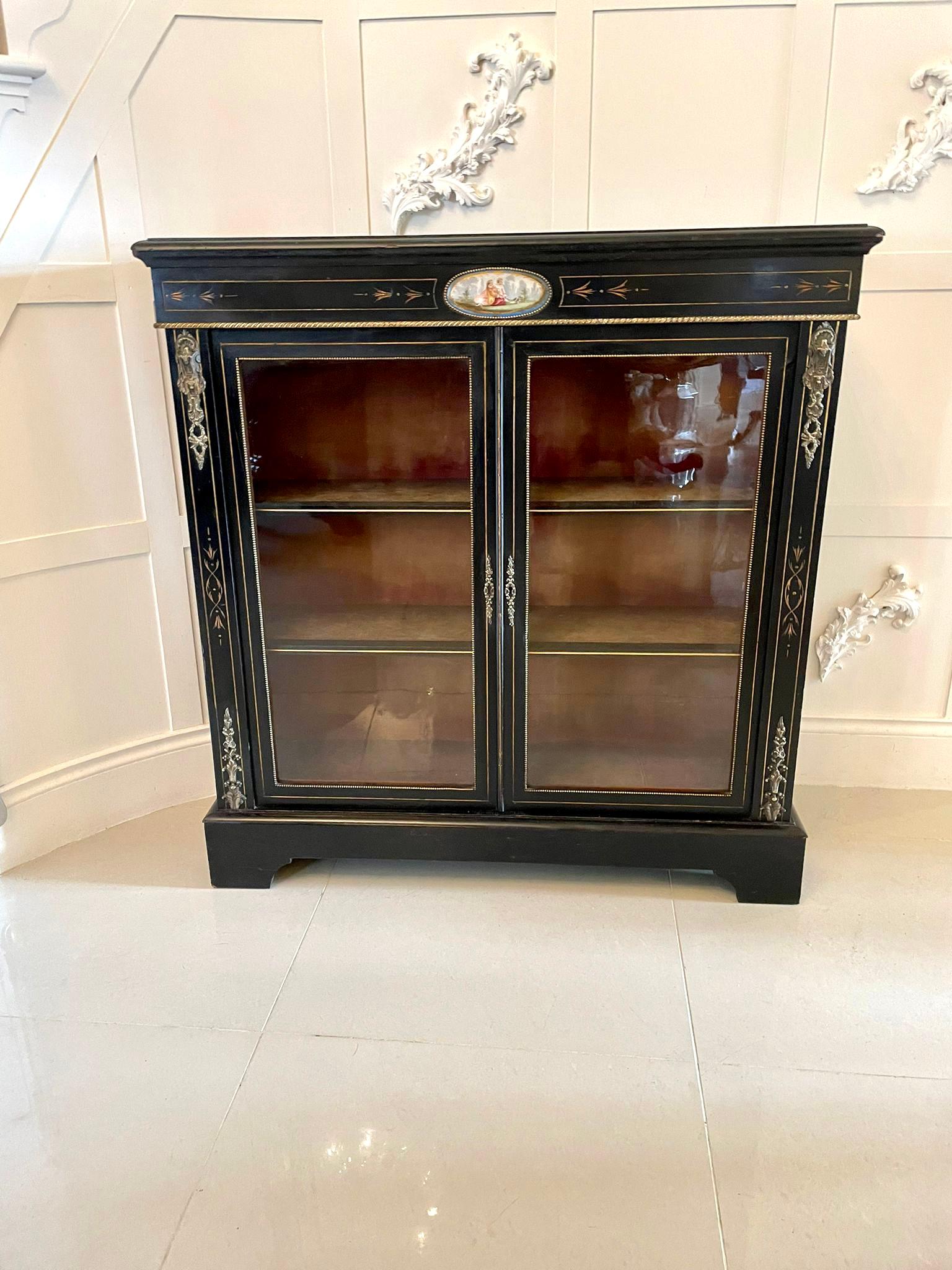  Antique Victorian French Ornate Ormolu Mounts Ebonised Display Cabinet In Good Condition For Sale In Suffolk, GB