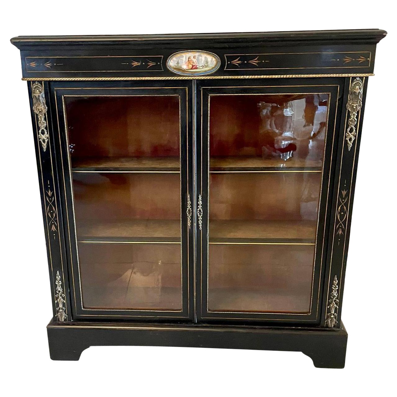 Antique Victorian French Ornate Ormolu Mounts Ebonised Display Cabinet