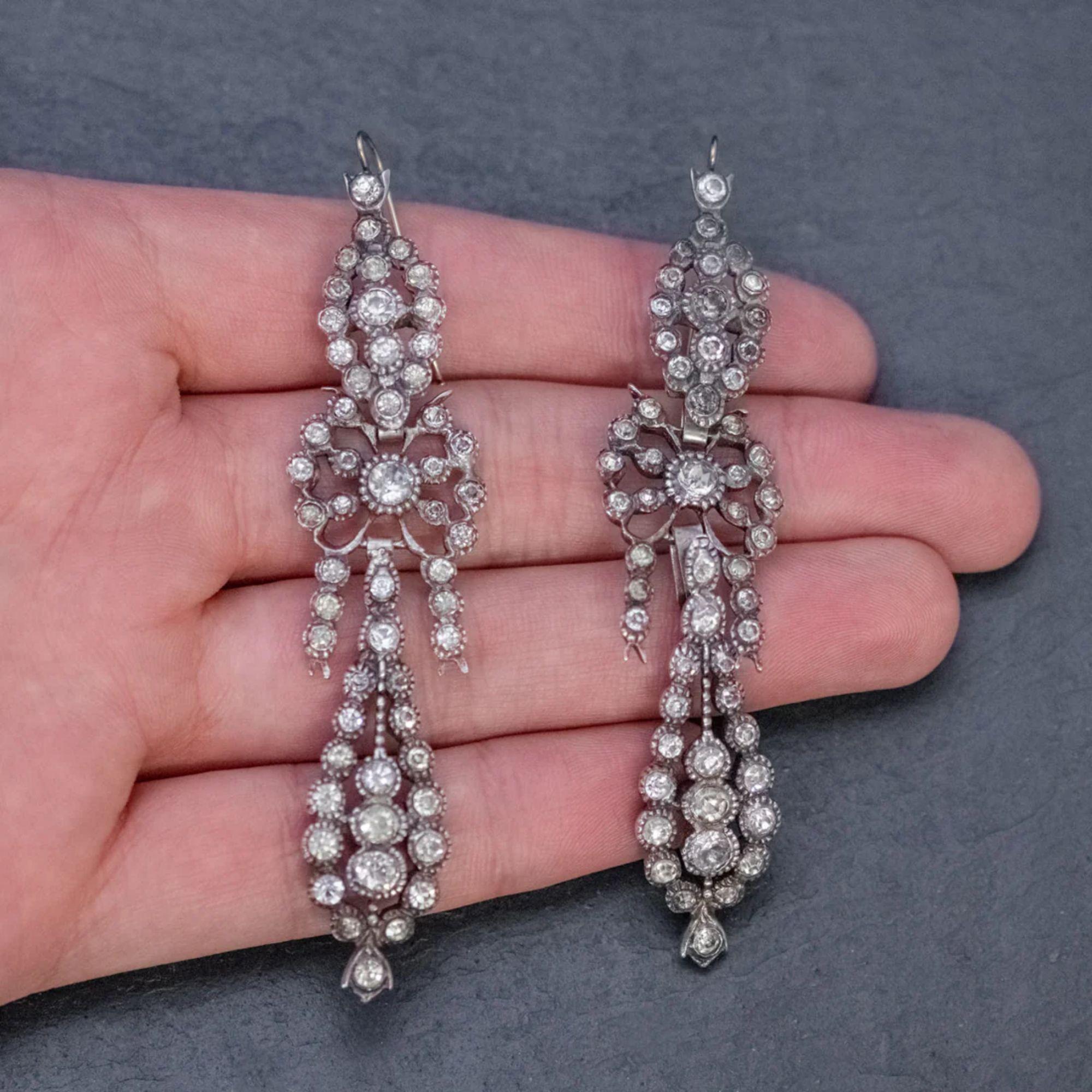 Antique Victorian French Paste Drop Earrings Silver For Sale 2