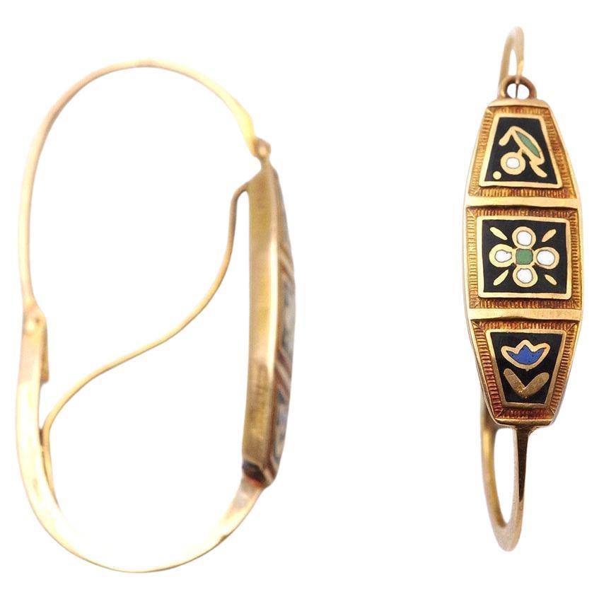 Orecchini antichi vittoriani francesi smaltati a poissardes in oro 18 carati