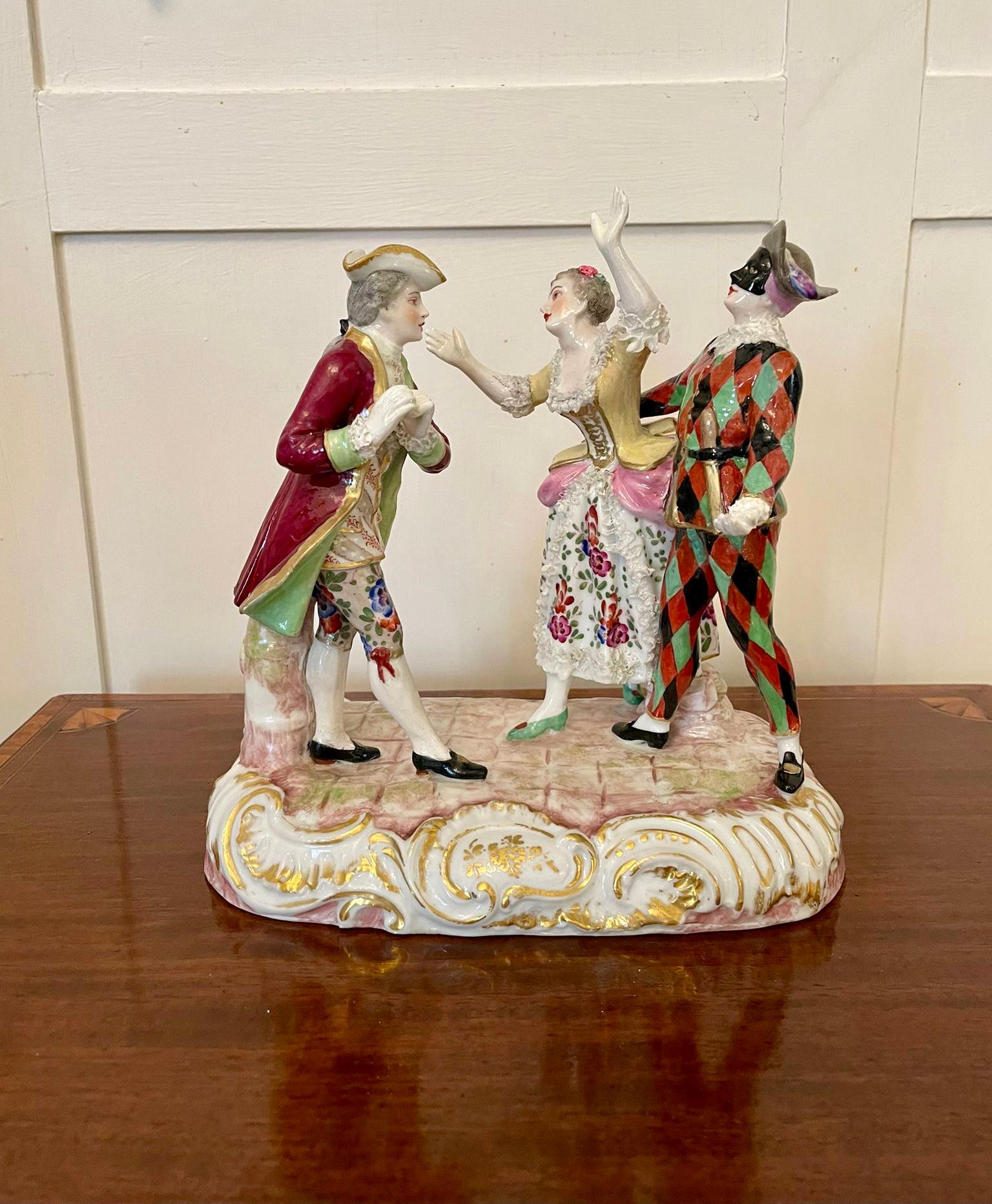 Antique Victorian French porcelain figural group depicting in polychrome a dramatical scene. Maker Eugene Clauss of Paris.

A delightful piece in lovely original condition.

 
Measures: H 22cm 
W 21cm
D 12cm
Date 1870.
 