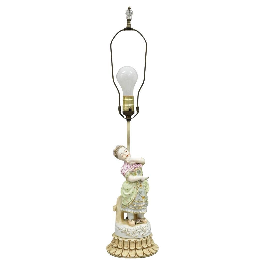 Antique French Porcelain Figure Dutch Girl in Dress Boudoir Table Lamp