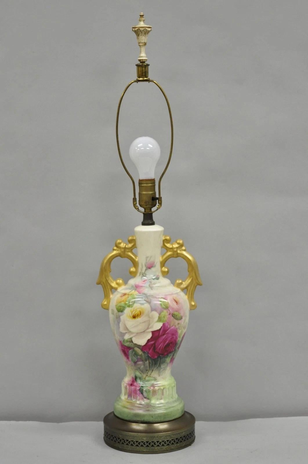 Antique Victorian French Porcelain Hand Painted Flower Vase Form Table Lamp in vendita 4