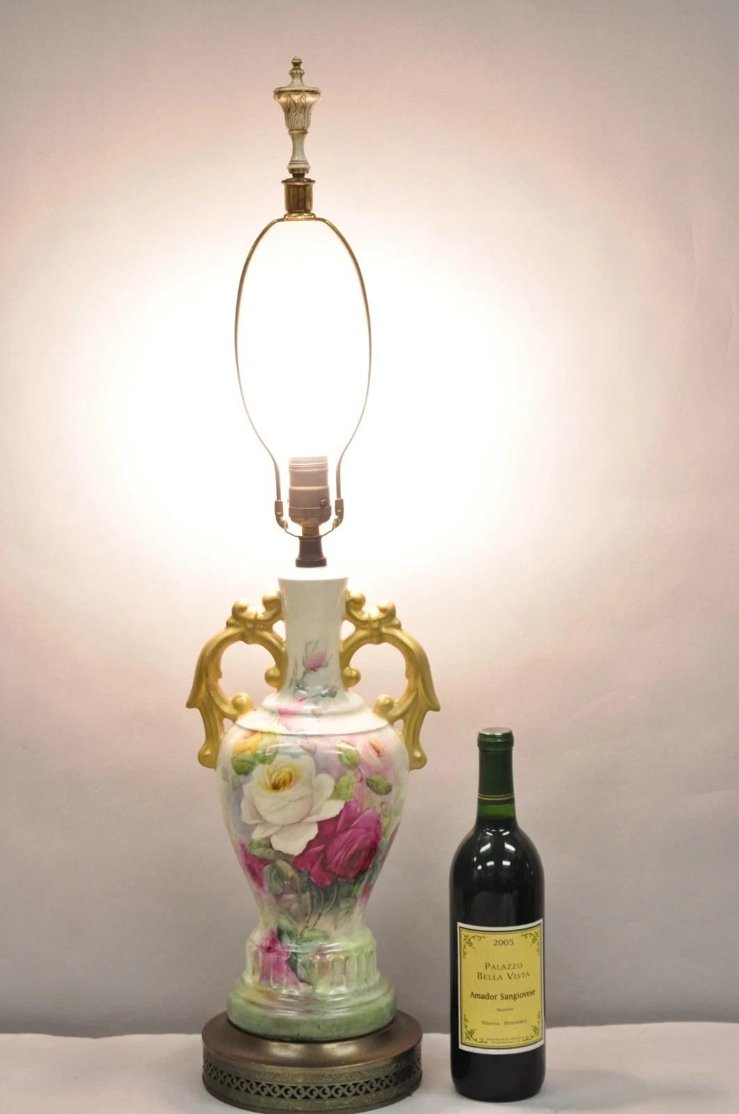 Antique Victorian French Porcelain Hand Painted Flower Vase Form Table Lamp. Circa Early 20th Century. Measurements: 32